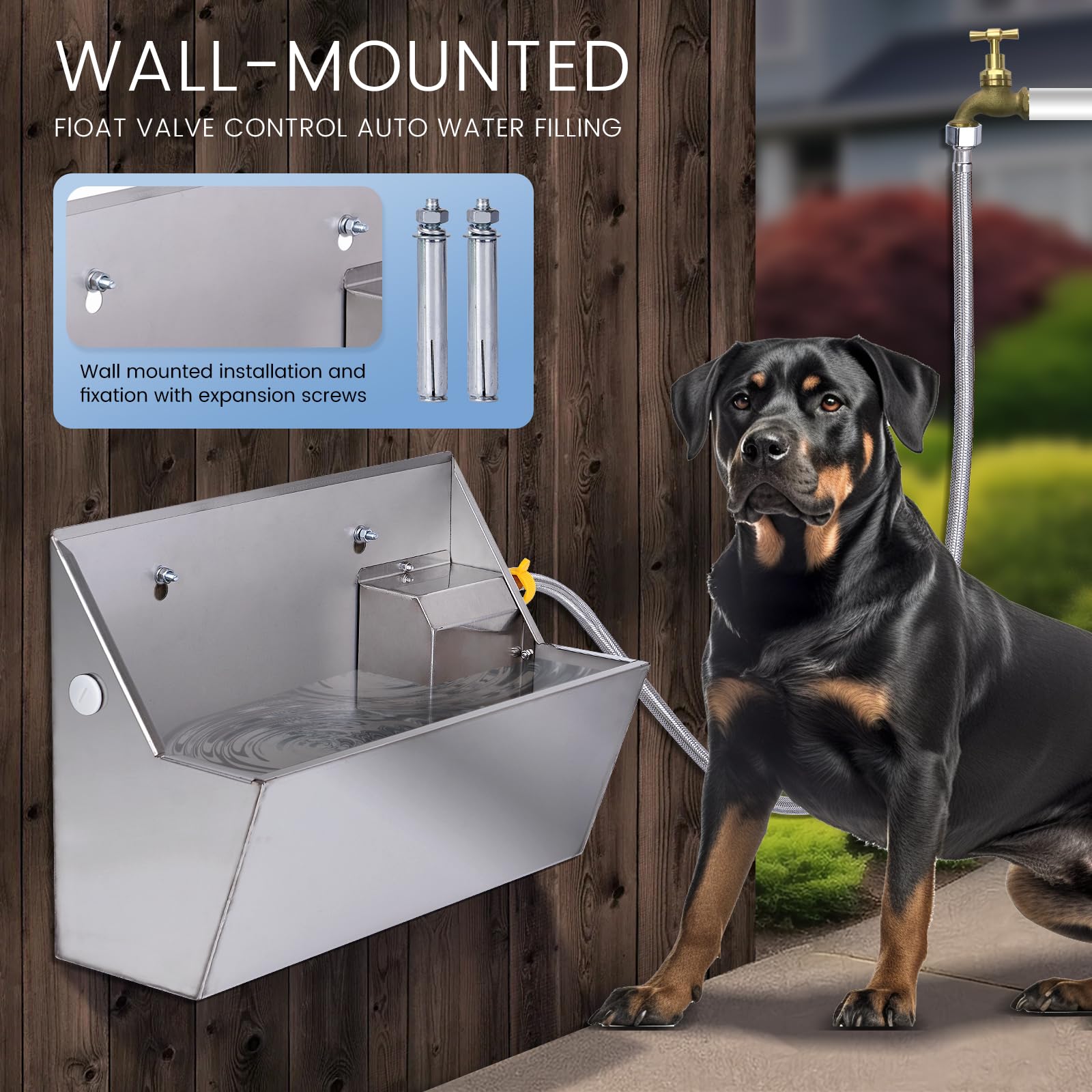 Automatic Dog Water Dispenser - 2.1 Gallon Stainless Steel Pet Water Bowl for Outdoor Use, Self-Filling Waterer for Dogs, Cats, Chickens & Livestock with Drainage Hole - Perfect for Backyards, Kennels & Farms