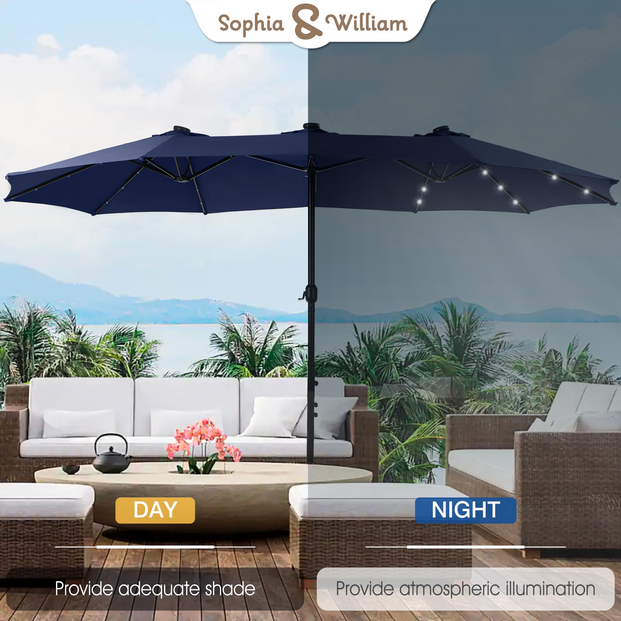 15 ft Extra Large Rectangular Outdoor Patio Umbrella with Solar Lights & Base - Heavy Duty Double-Sided Market Umbrella for Pool, Garden, Backyard - Navy Blue | Perfect for Outdoor Dining, Lounging & Summer Parties