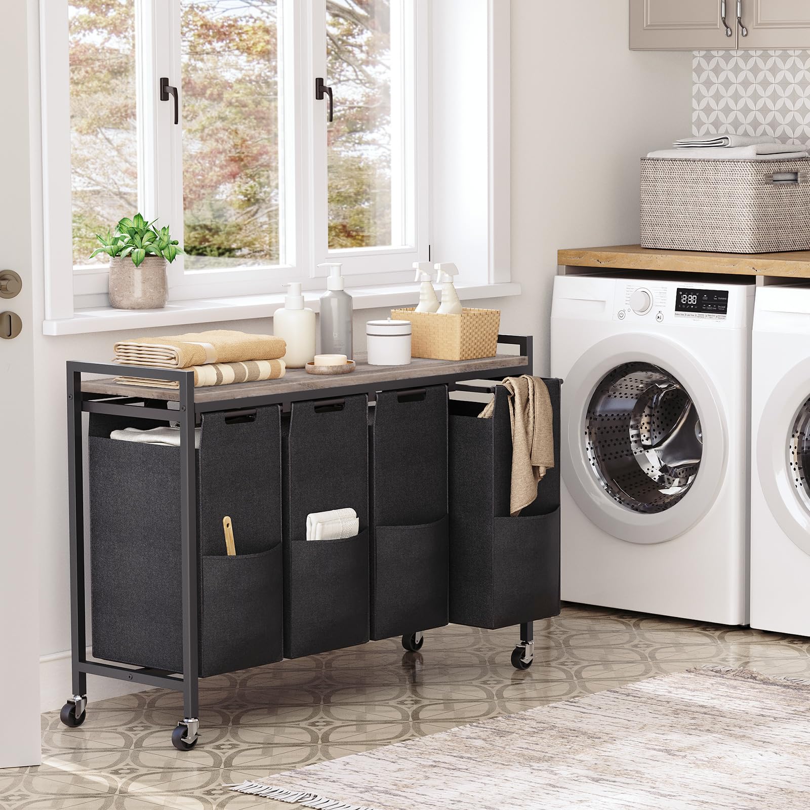 HOOBRO 4-Section Rolling Laundry Hamper with Wheels & Removable Oxford Fabric Bags - 39.8L (10.5 Gal Each) - Greige & Black BG04XY01 - Perfect for Laundry Room Organization, Small Spaces & Apartments
