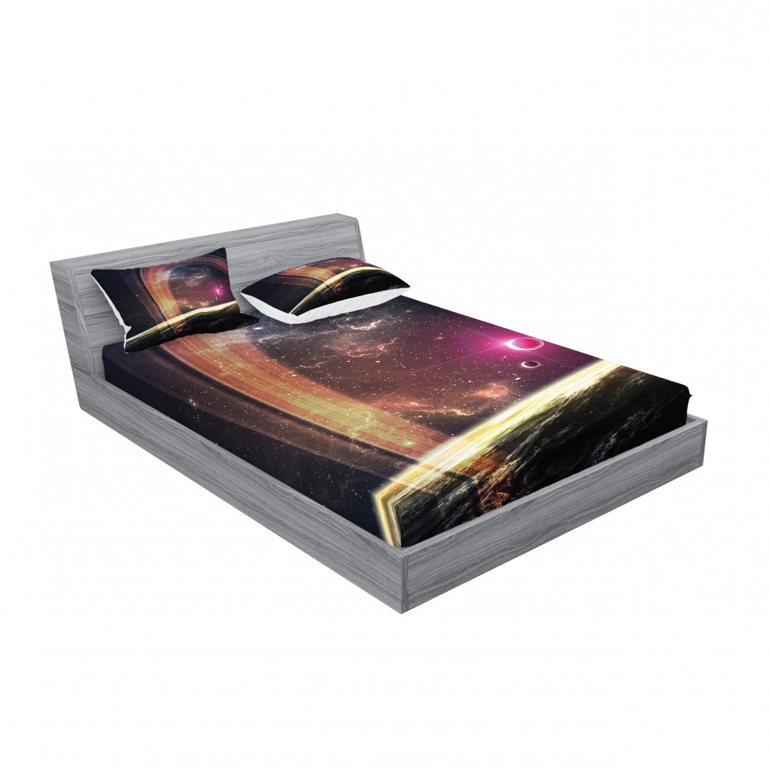 Ambesonne Galaxy 2-Pack Queen Size Fitted Sheet & Pillow Sham Set - Nebula Dust with Stars, 4-Piece Bedding Decor (2 Fitted Sheets + 4 Pillow Covers) Dark Grey Magenta - Space Themed Bedroom Decor for Kids & Adults, Perfect for Astronomy Lovers & Sci-Fi Fans