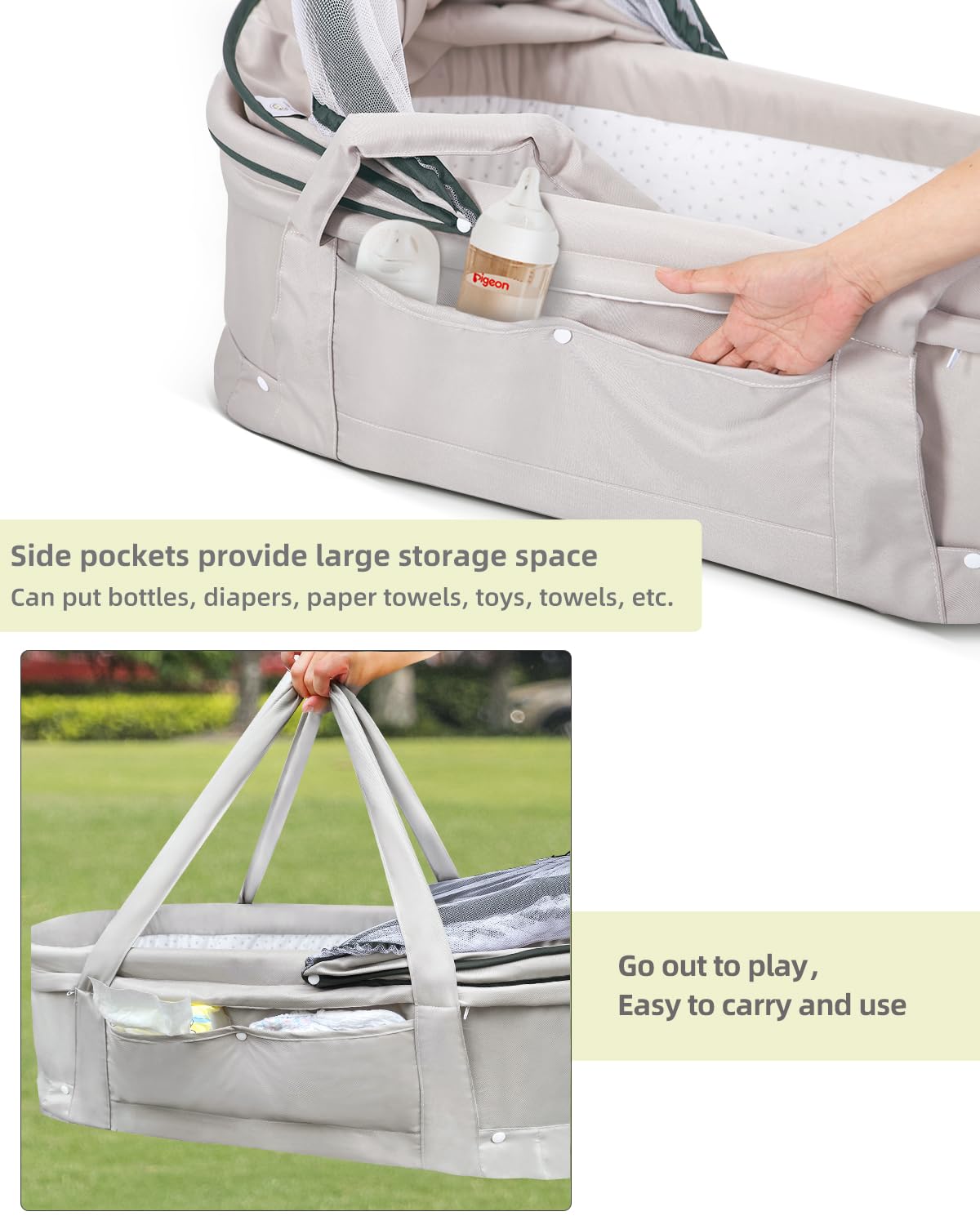 Portable Baby Travel Bassinet & Co-Sleeper with 2-in-1 Canopy - Light Grey Mini Crib for Newborns | Perfect for Home, Travel & Bedside Sleeping