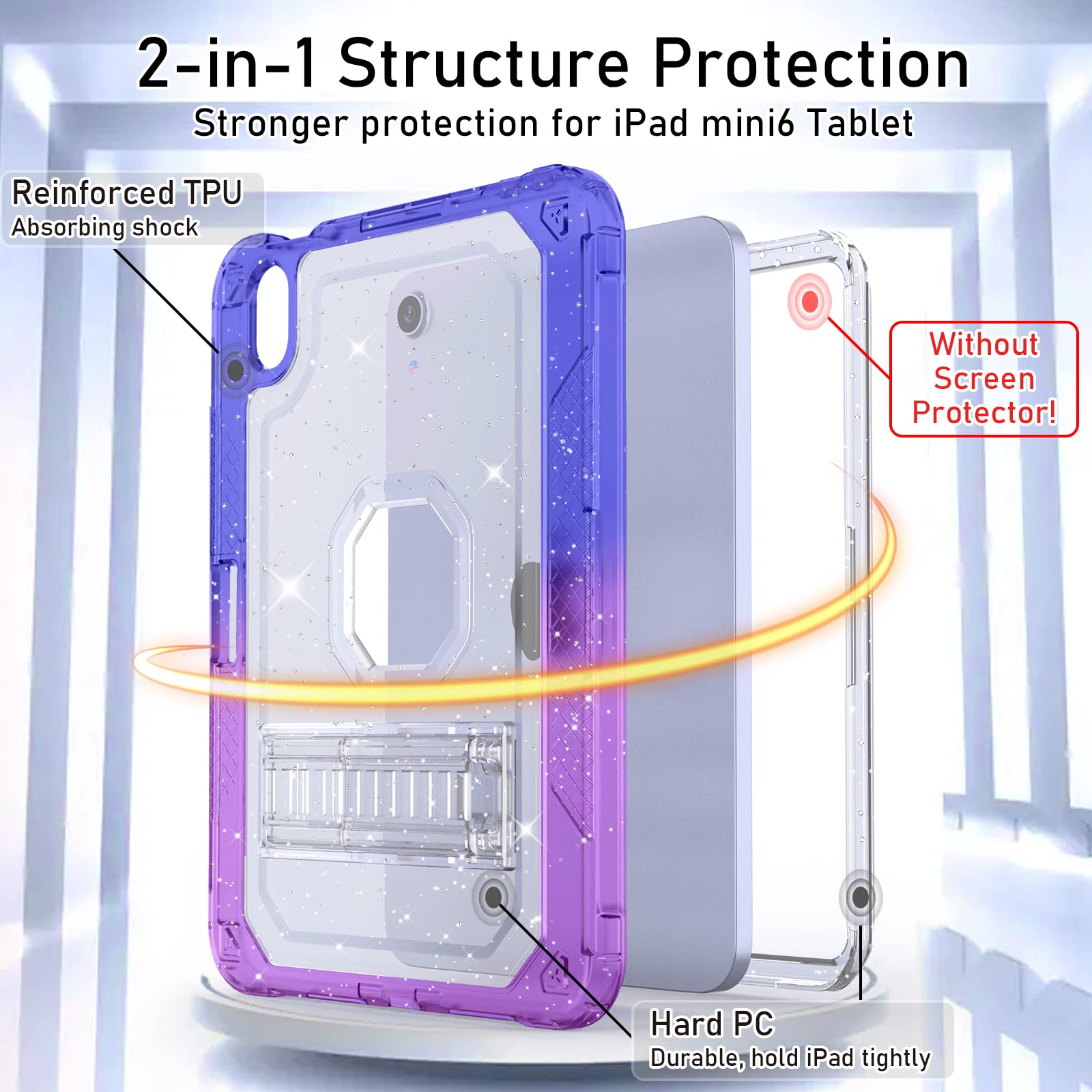Premium Slim Protective Case for iPad Mini 7th/6th Generation (8.3 inch 2024/2021 Model) - Clear Glitter & Gradient Blue Purple Cover with Built-in Pencil Holder & Stand - Perfect for Work, School, and Travel