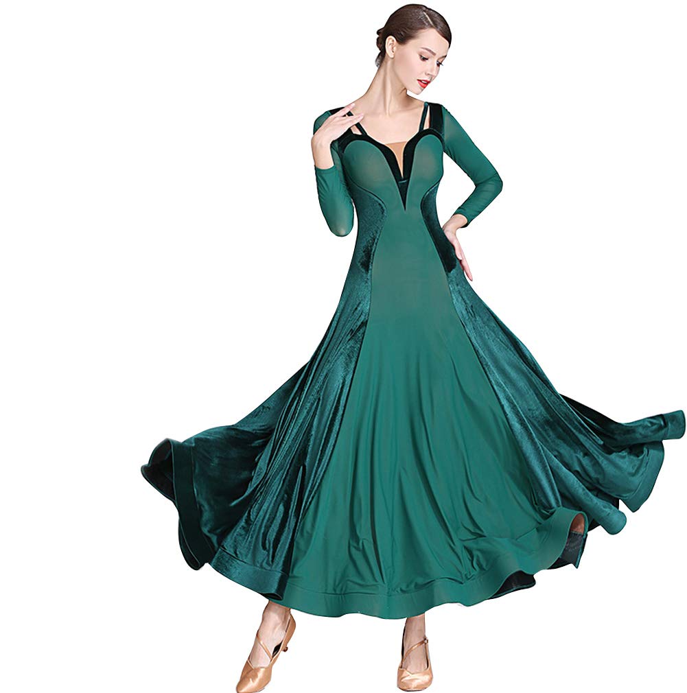 Elegant Mesh & Velvet Ballroom Dance Dress for Women - Modern Flamenco & Waltz Performance Gown - Professional Standard Practice Wear & Competition Costume - Perfect for Latin, Ballroom Dances & Stage Performances