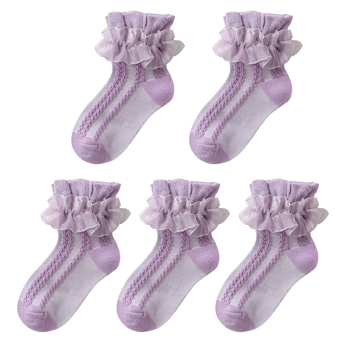 5 Pairs Girls Lace Ruffle Cotton Ankle Socks - Frilly Princess Dress Socks for Toddlers & Kids - Soft Breathable for Ballet, Dance, Party & Everyday Wear