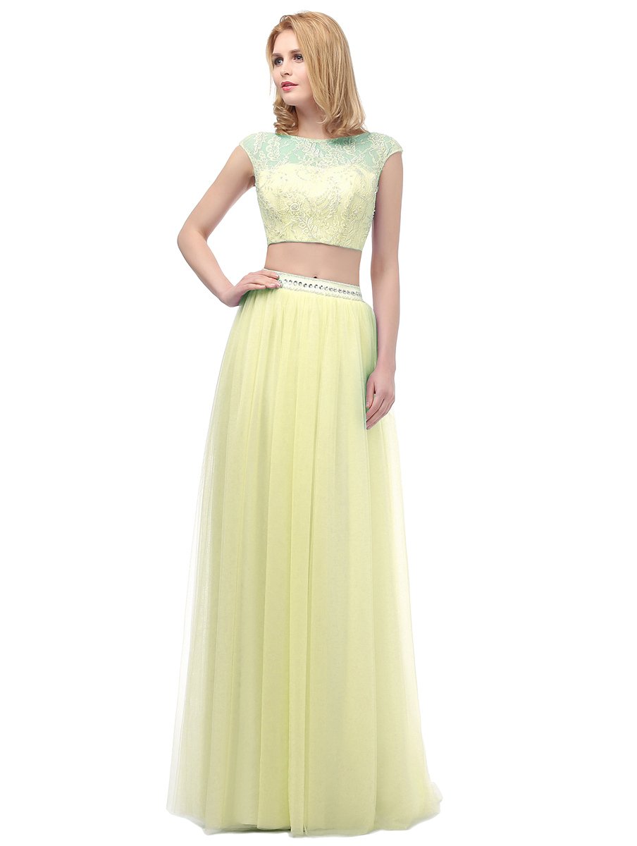 Elegant Two-Piece Long Prom Dresses with Appliqued Bodice & Beaded Waist - Perfect for Formal Dances, Evening Galas & Special Occasions