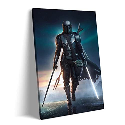 Star Wars Mandalorian Poster with Lightsaber - Premium Canvas Wall Art for Living Room, Bedroom & Office Decor (24x36 Inch, Wooden Frame) | Perfect for Movie Themed Rooms & Gift for Fans