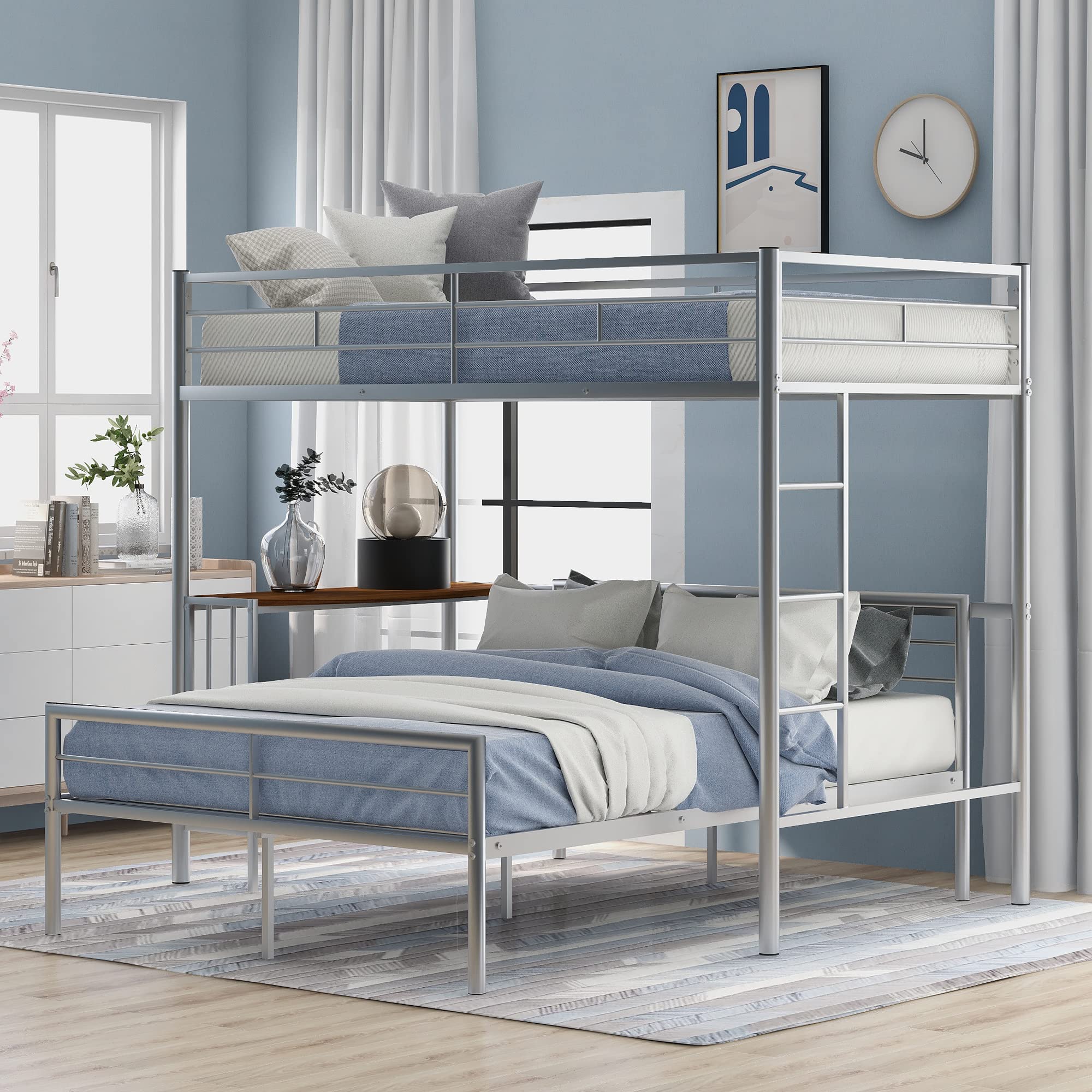 Harper & Bright Designs Twin Over Full Bunk Bed with Study Desk - Metal Bunk Bed for Kids & Teens - Converts to Loft Bed or Platform Bed - Space Saving Bedroom Furniture for Small Rooms - Silver Finish (New)