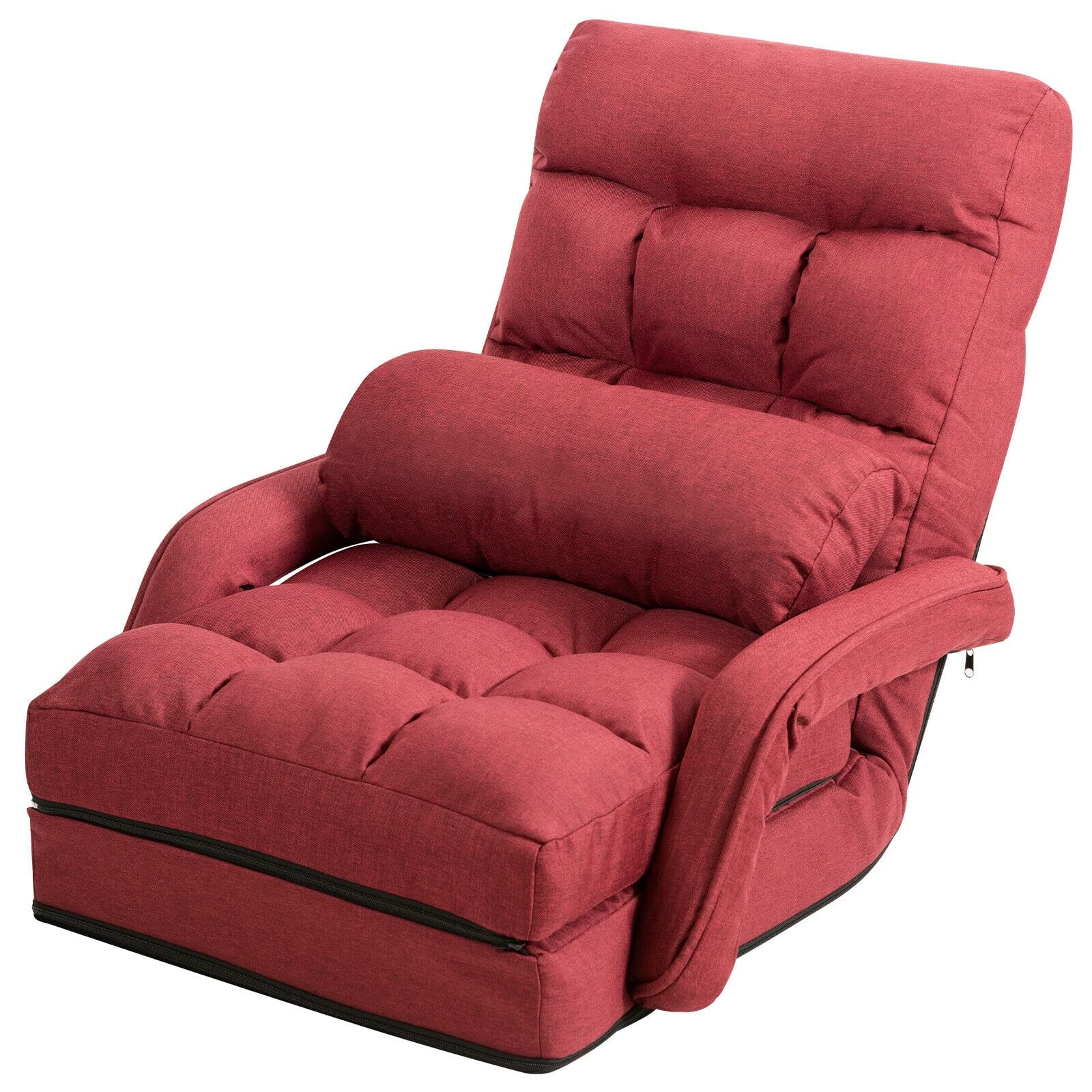 LHONE Folding Lazy Sofa Floor Chair - Convertible Lounger Bed with Armrests & Pillow - Portable Chaise Couch for Living Room, Bedroom, Dorm (Red) - Perfect for Reading, Napping, and Relaxing at Home