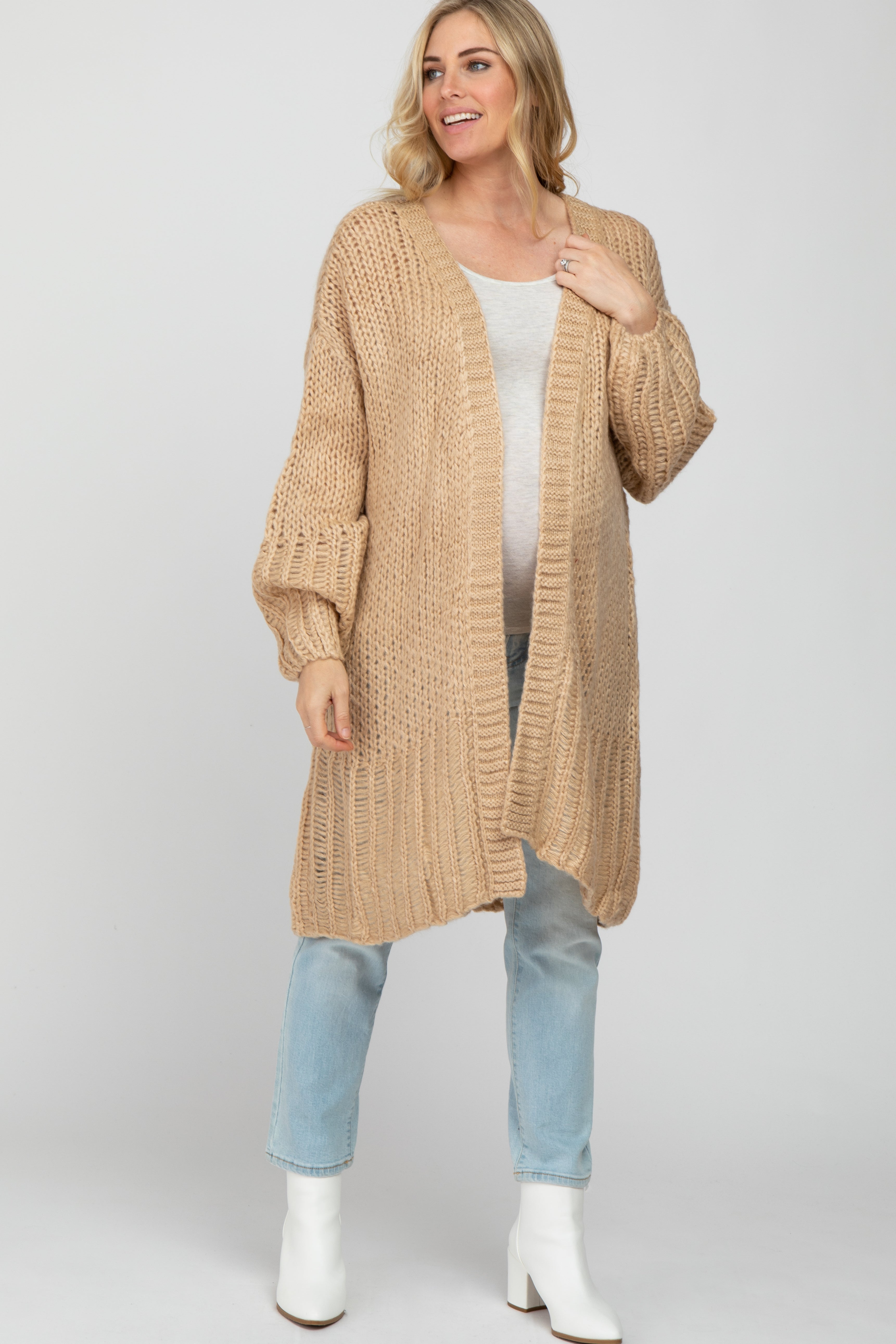 Beige Open Knit Maternity Cardigan Sweater for Women - Soft Comfortable Pregnancy Wrap - Perfect for Nursing, Lounging & Casual Outfits