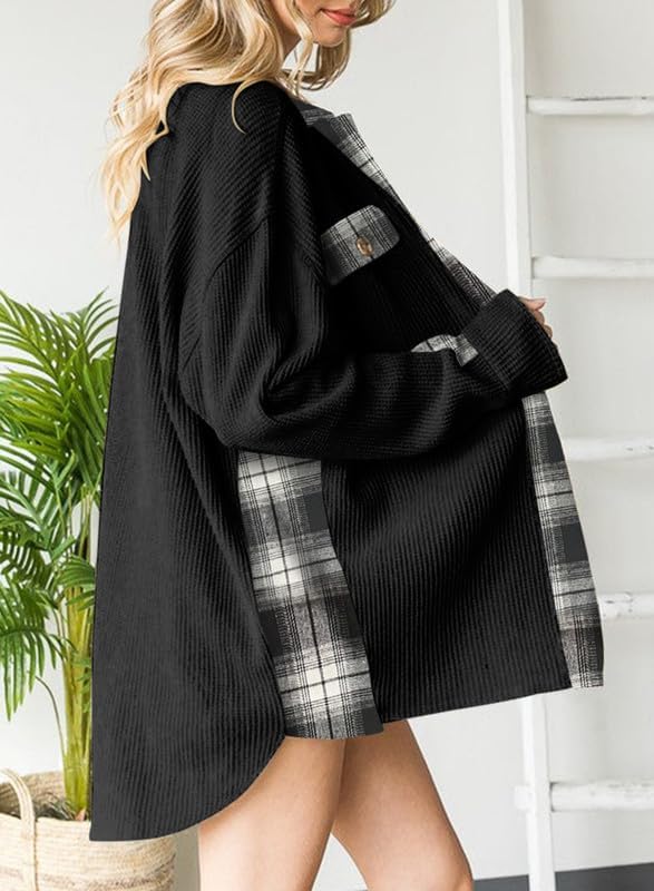 SHEWIN Women's Waffle Knit Plaid Shacket - Oversized Boyfriend Button Down Shirt Jacket with Long Sleeves | Casual Fall & Winter Layering Top for Outfits, Streetwear & Cozy Loungewear
