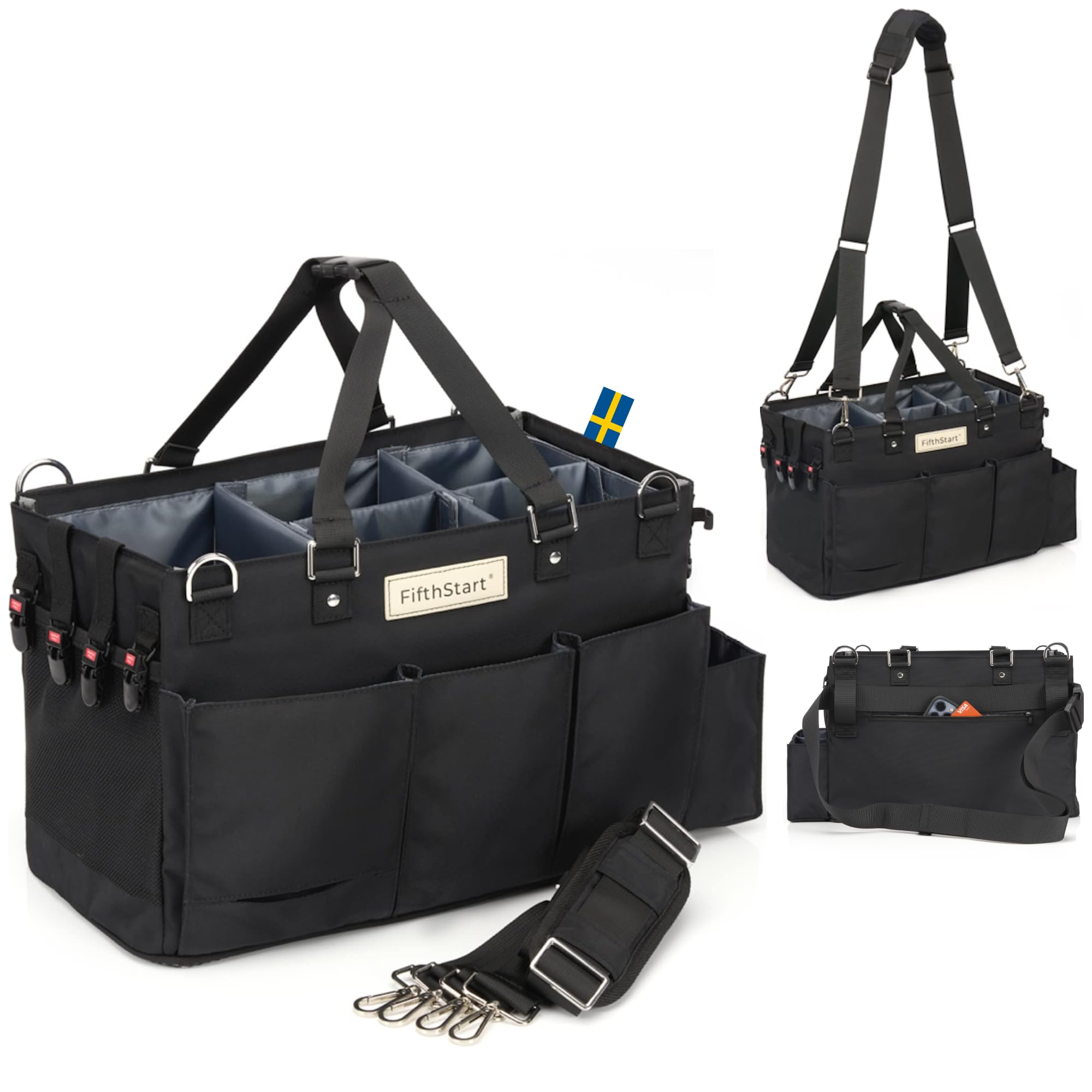 **FifthStart Multi-Purpose Cleaning Caddy with Waist & Shoulder Strap – 9-Pocket Tote Organizer for Housekeeping, Gardening, Fishing & Bathroom Storage | Adjustable Compartments, Large Black Utility Caddy with Handle | Perfect for Home, Office & Outdoor Use**