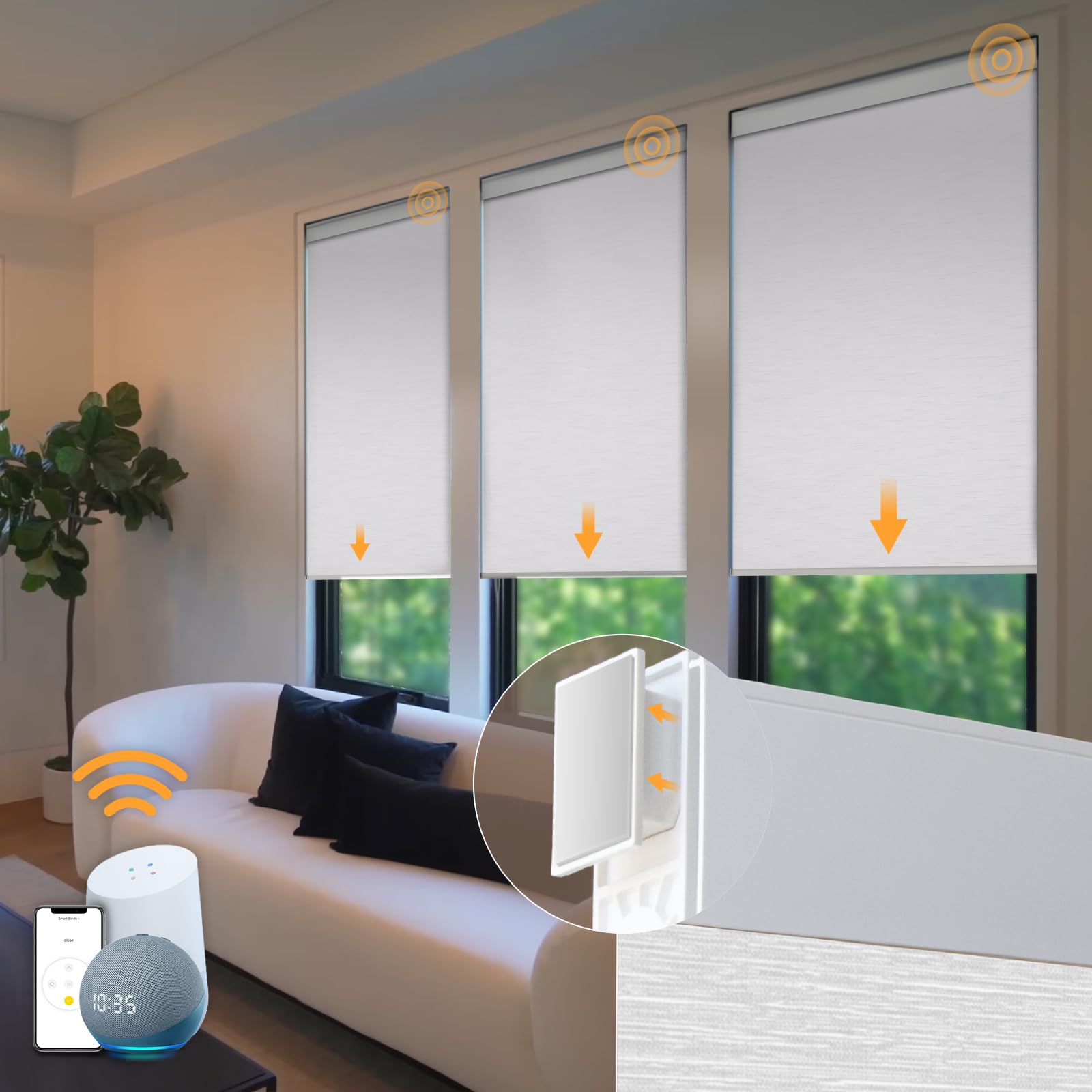 Smart Motorized Roller Shades - Cordless Automatic Blinds with Remote Control, Voice & App Compatible (White, 33