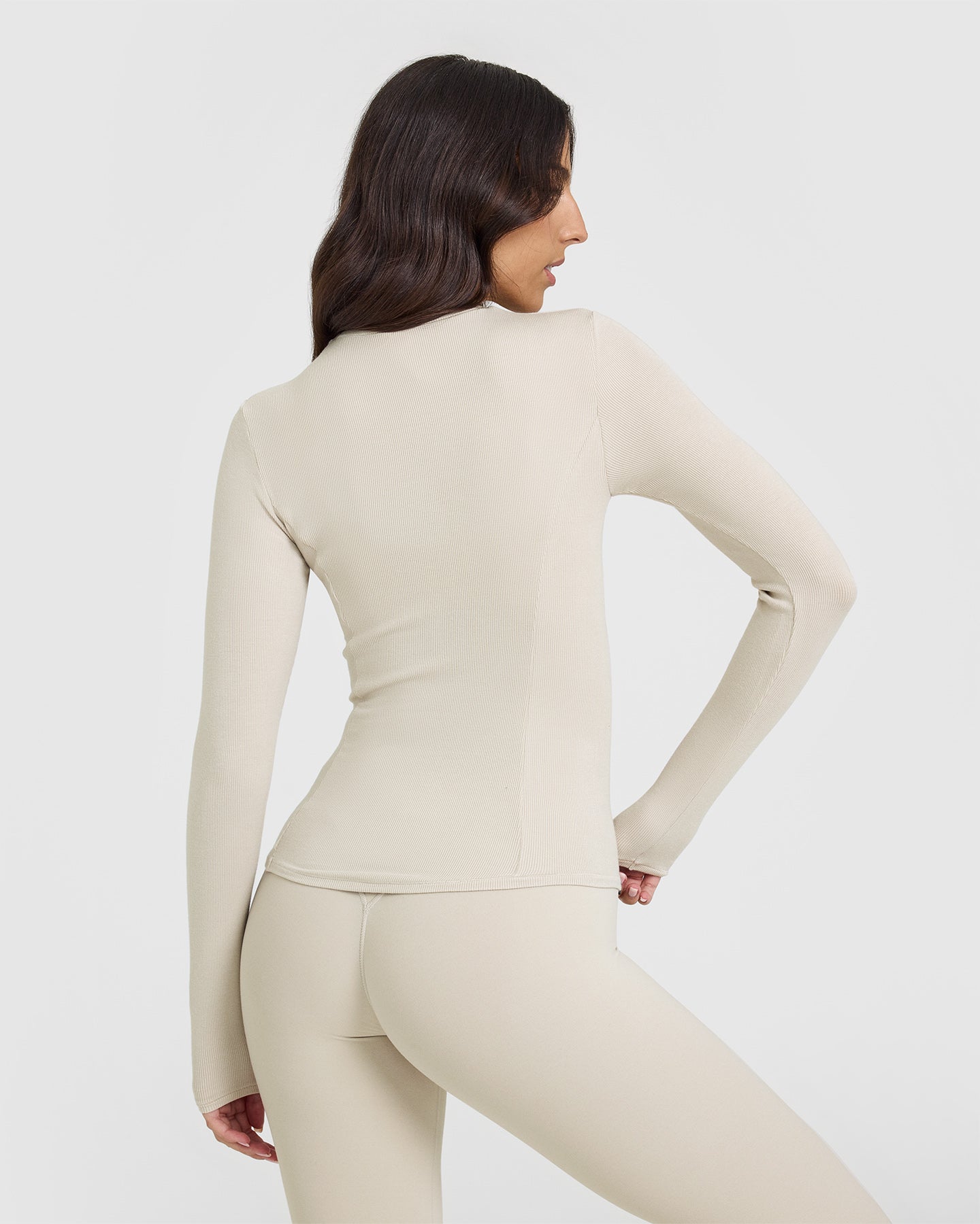 Mellow™ Ribbed Long Sleeve T-Shirt for Women - Soft Stretch Cotton Blend Top in Sand Beige | Perfect for Layering, Casual Outfits & Everyday Comfort