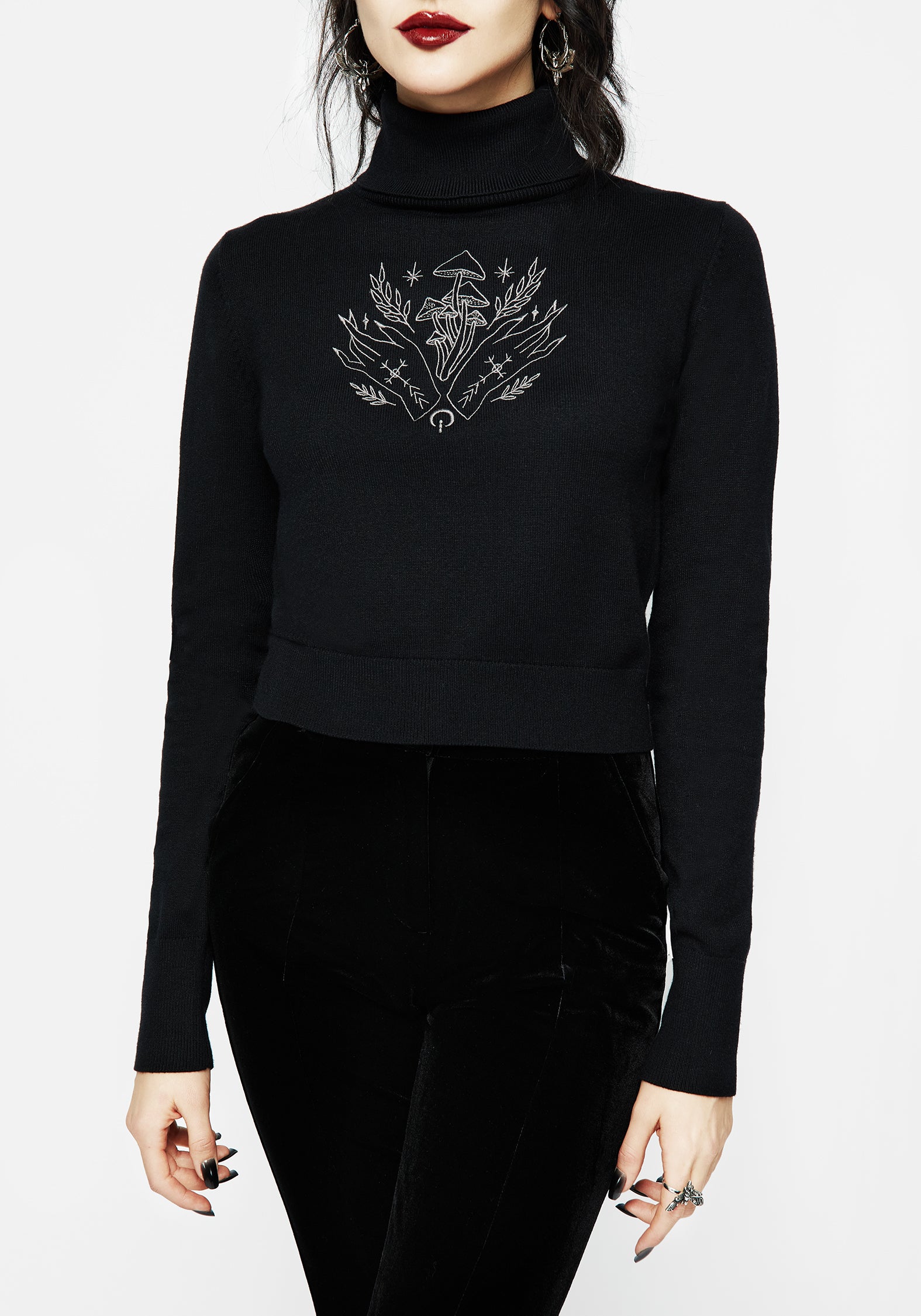 Mystify Embroidered Roll Neck Crop Sweater - Women's Fashion Knit Top for Casual Wear & Date Night Outfits