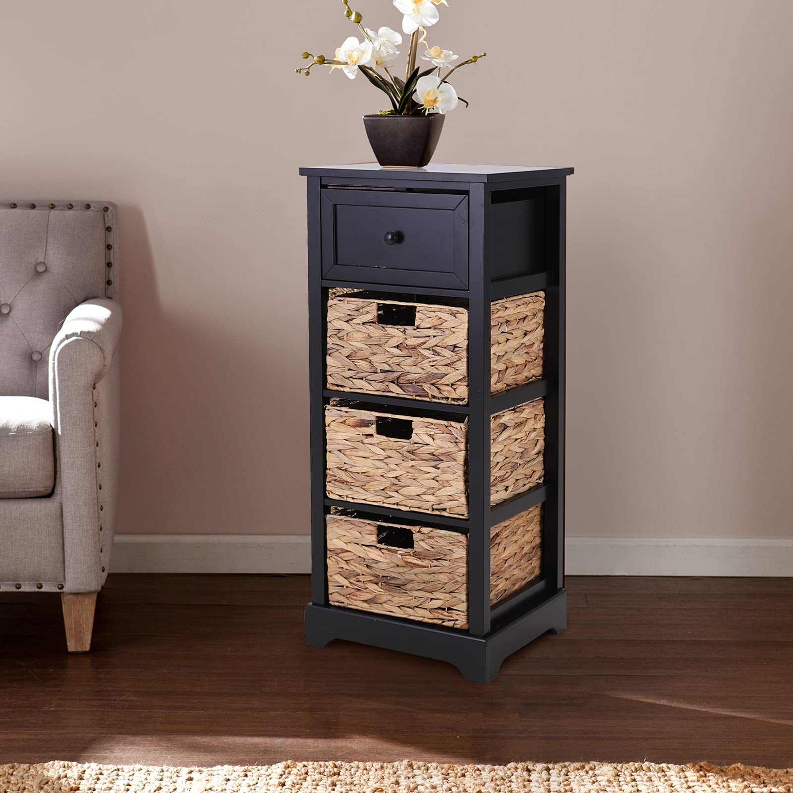 MAISON ARTS Black Storage Cabinet with 1 Drawer & 3 Removable Baskets - Rustic Entryway Accent Cabinet for Living Room, Bedroom, Kitchen - Organize Shoes, Blankets, Toys & Home Decor (Perfect for Small Space Storage Solutions)