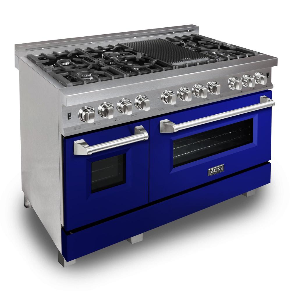 ZLINE 48-Inch 6.0 cu. ft. Dual Fuel Range with 7-Burner Gas Cooktop & 2 Electric Ovens - Satin Stainless Steel & Blue Gloss Doors (RAS BG 48) - Perfect for Modern Kitchens & Professional Cooking