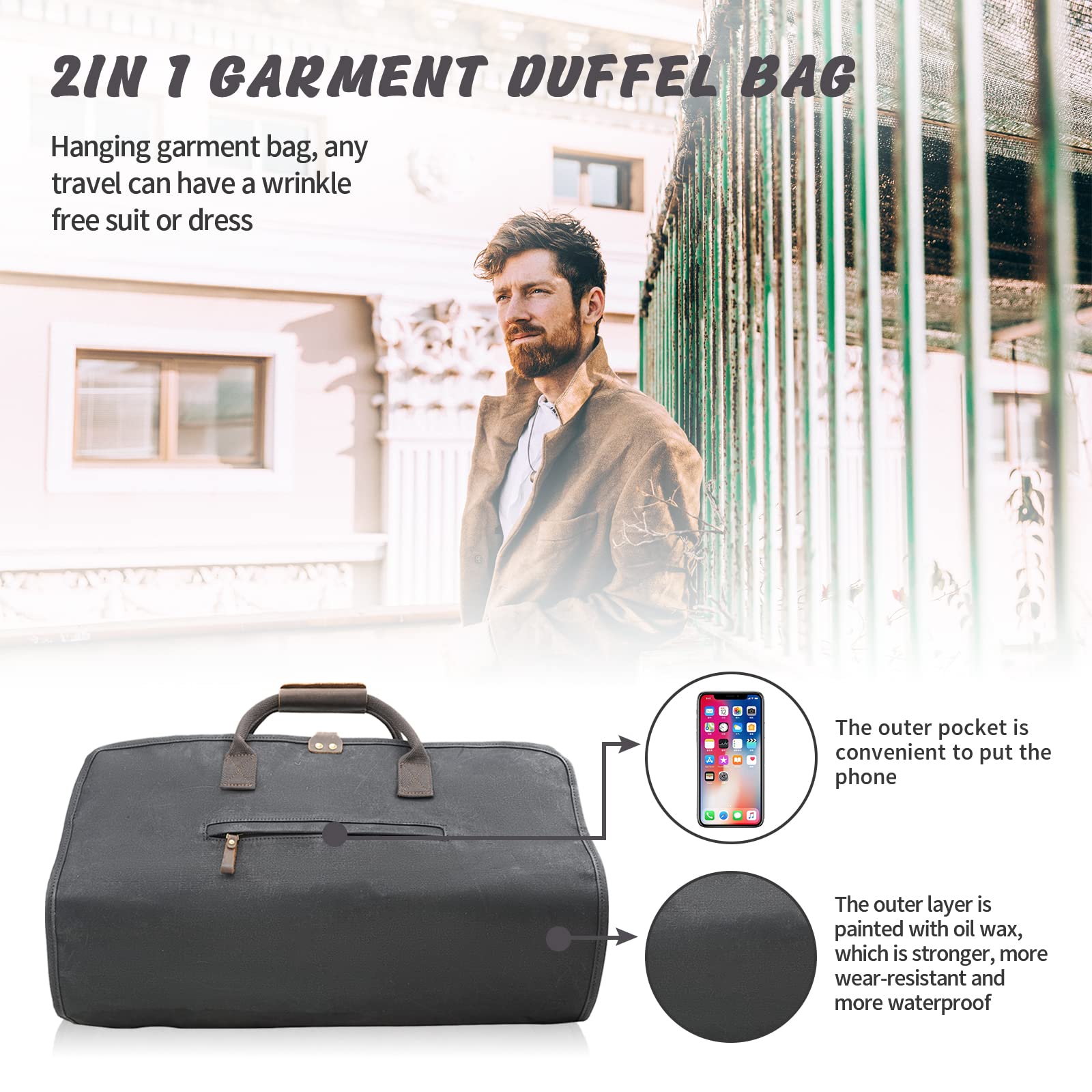 2 in 1 Waxed Canvas & Leather Garment Bag with Shoulder Strap - Durable Suit Luggage for Business Travel & Weekend Getaways (Black) | Perfect for Airplane Carry-On & Office Commute