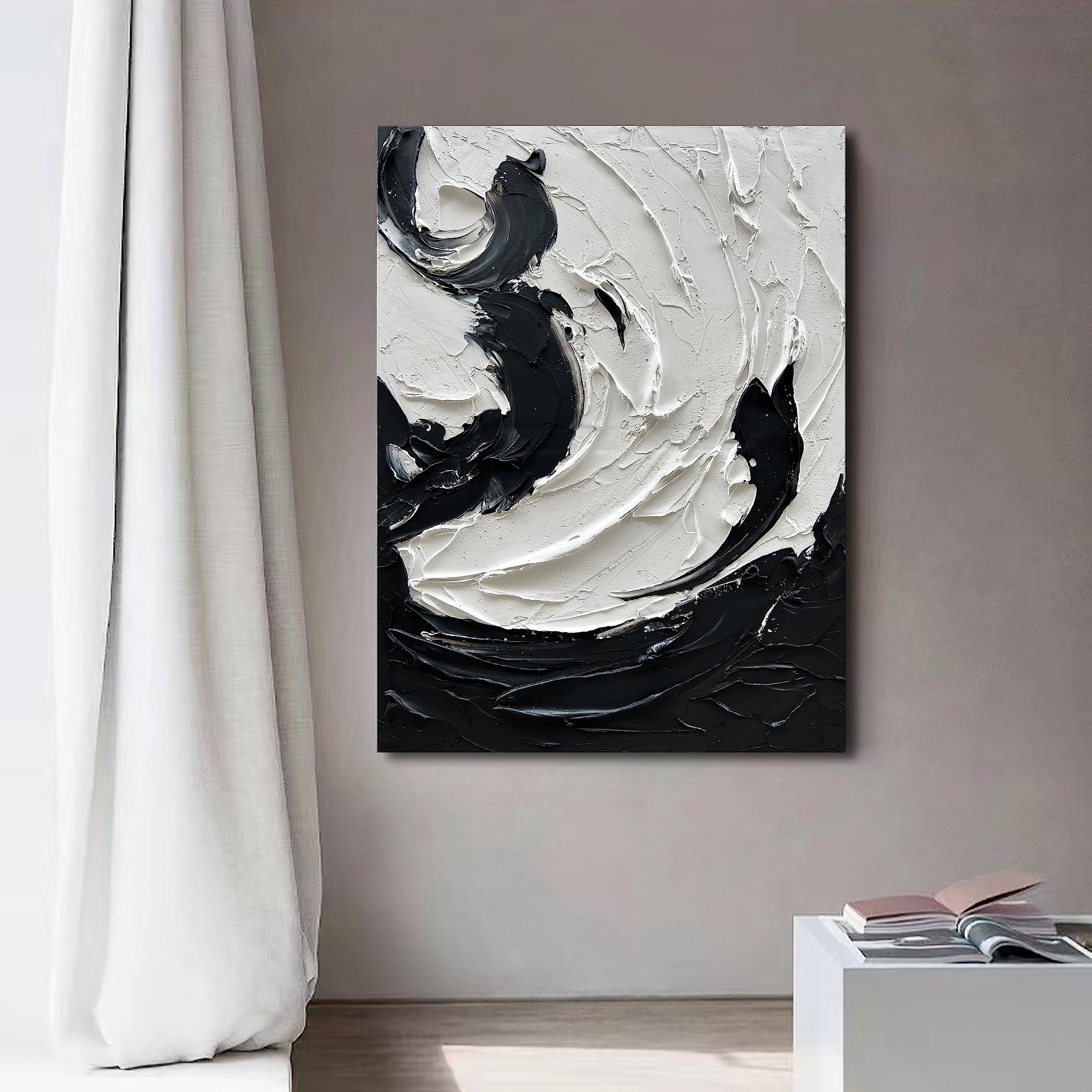 NANKAI 40x28 Inches Hand Painted Modern Abstract Oil Painting - Minimalist Black and White Wall Art with Thick Texture - Perfect for Living Room, Bedroom & Office Decor
