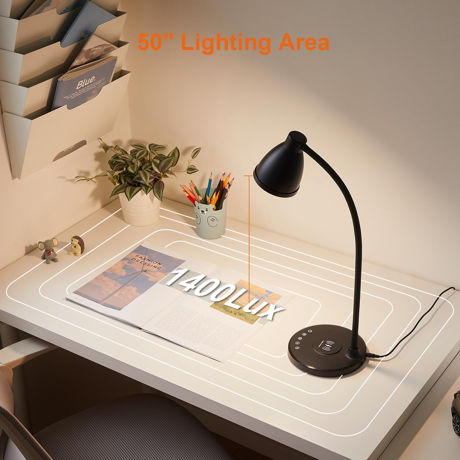 BOHON LED Desk Lamp with USB C+A Charging Ports & Wireless Charger - 5 Color Stepless Dimming, Touch Control, Timer - Perfect for Home Office, College Dorm, Bedside Reading & Nightstand Use