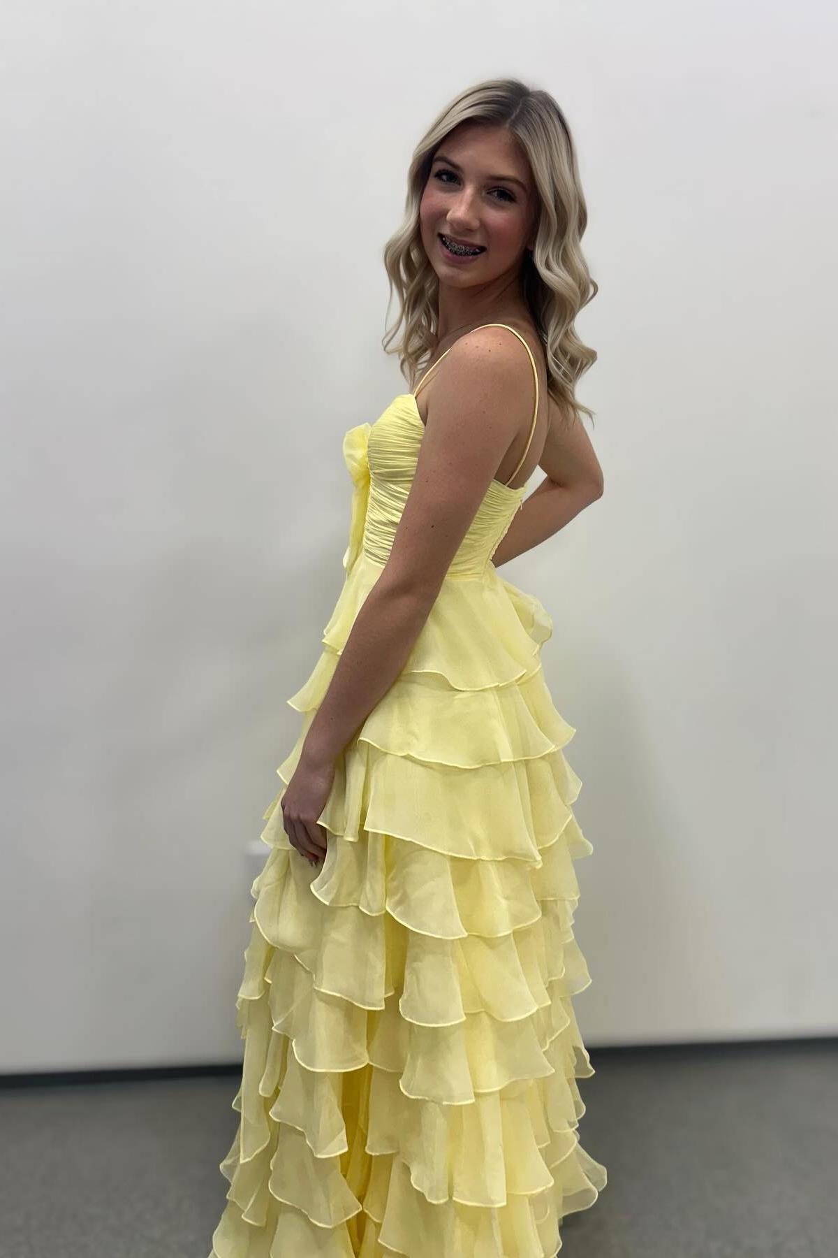 Elegant Yellow Chiffon Prom Dress with Long Ruffle Straps & Tiered Skirt - Perfect for Homecoming, Formal Dances & Special Occasions