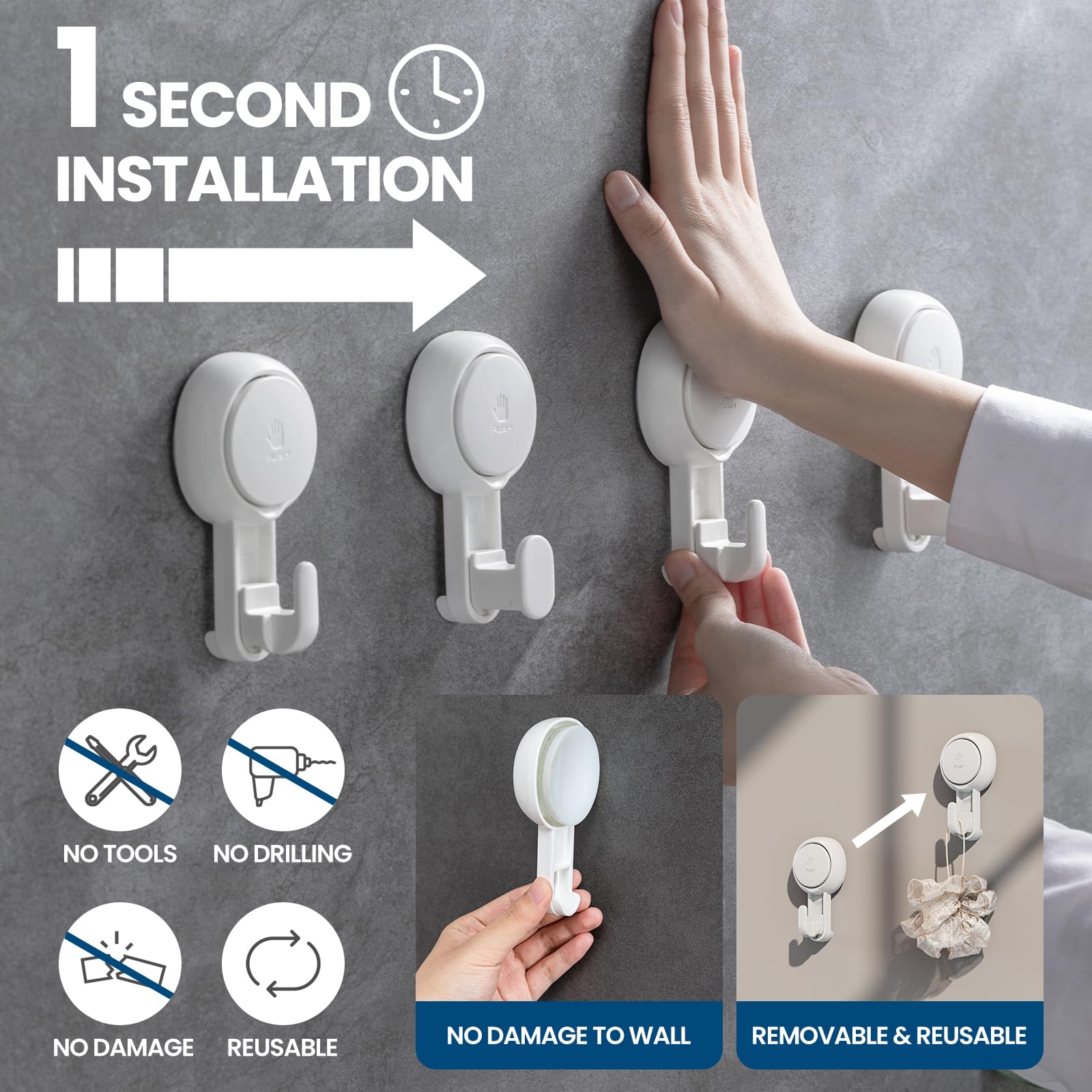 TAILI Damage-Free Suction Towel Hooks for Bathroom & Shower - 4 Pack White Vacuum Suction Cup Hooks for Towels, Loofahs & Clothes - Easy Install/Remove - Perfect for Bathroom Organization & Space Saving