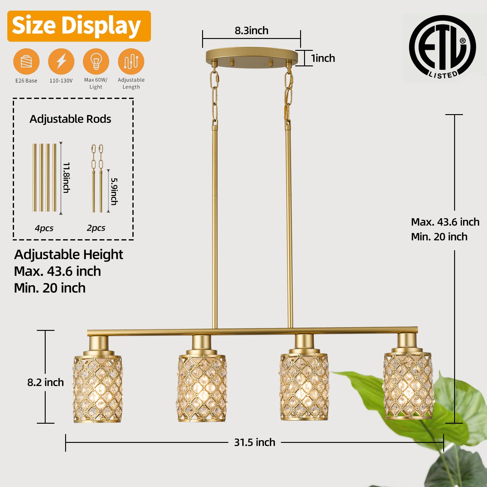 Farmhouse Gold 4-Light Linear Chandelier with K9 Crystal & Gold Grid Shade - Modern Kitchen Island Lighting & Dining Room Pendant Light Fixture for Farmhouse, Rustic, and Contemporary Home Decor (Perfect Over Dining Tables, Kitchen Islands, and Entryways)