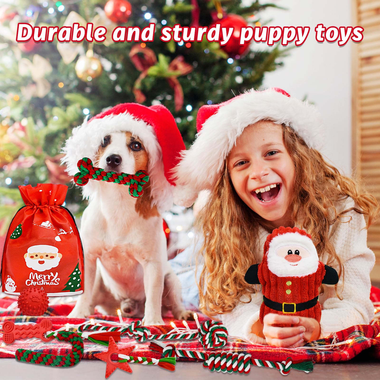 9 Pack Christmas Dog Toys - Rope, Chew, Plush & Squeaky Toys for Teething Puppies & Small Medium Dogs | Stocking Stuffers Gift Set with Bag for Holiday Playtime & Training