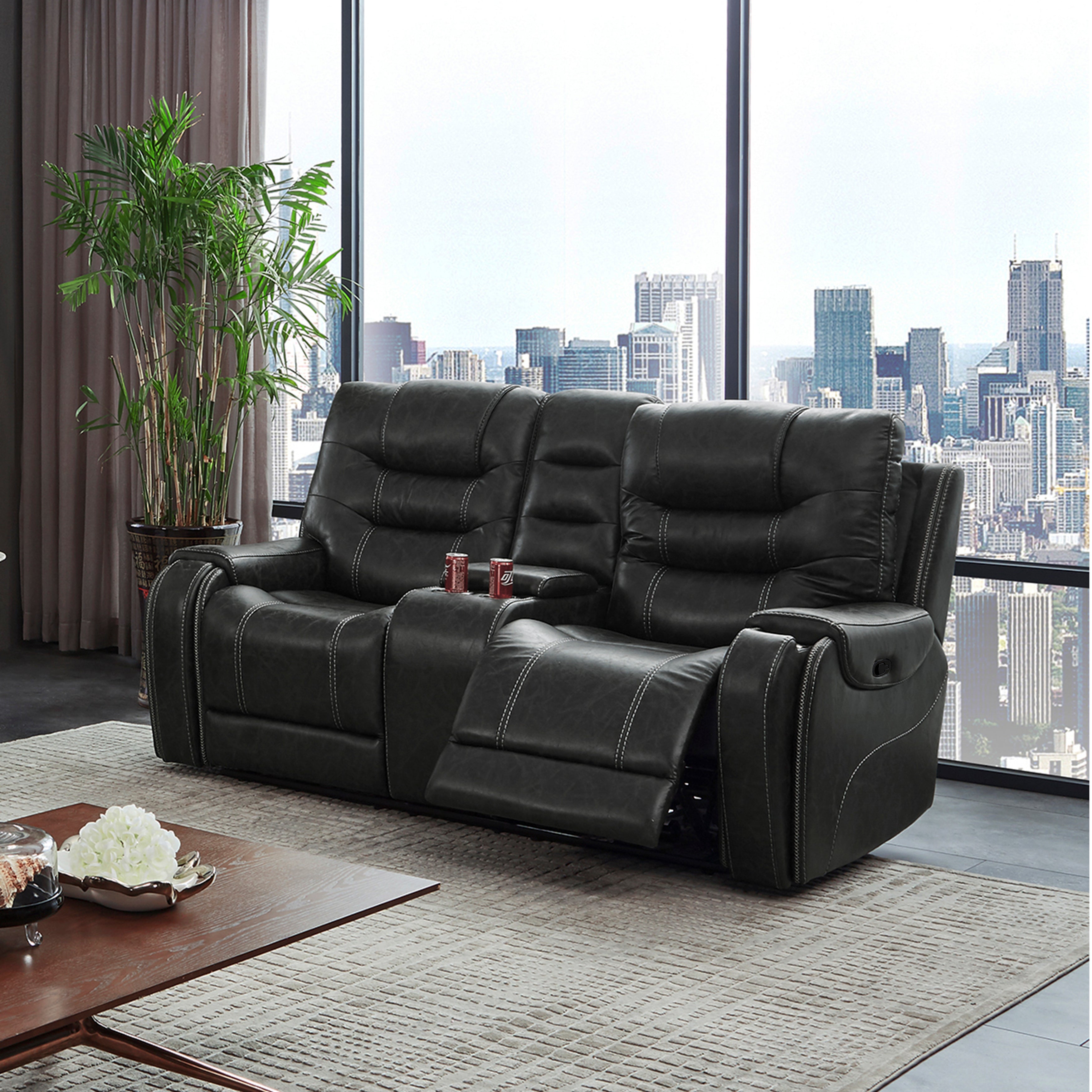Rowena Modern Faux Leather Recliner Loveseat with Console in Smoke Gray - Perfect for Small Living Rooms, Home Theaters & Cozy Apartments
