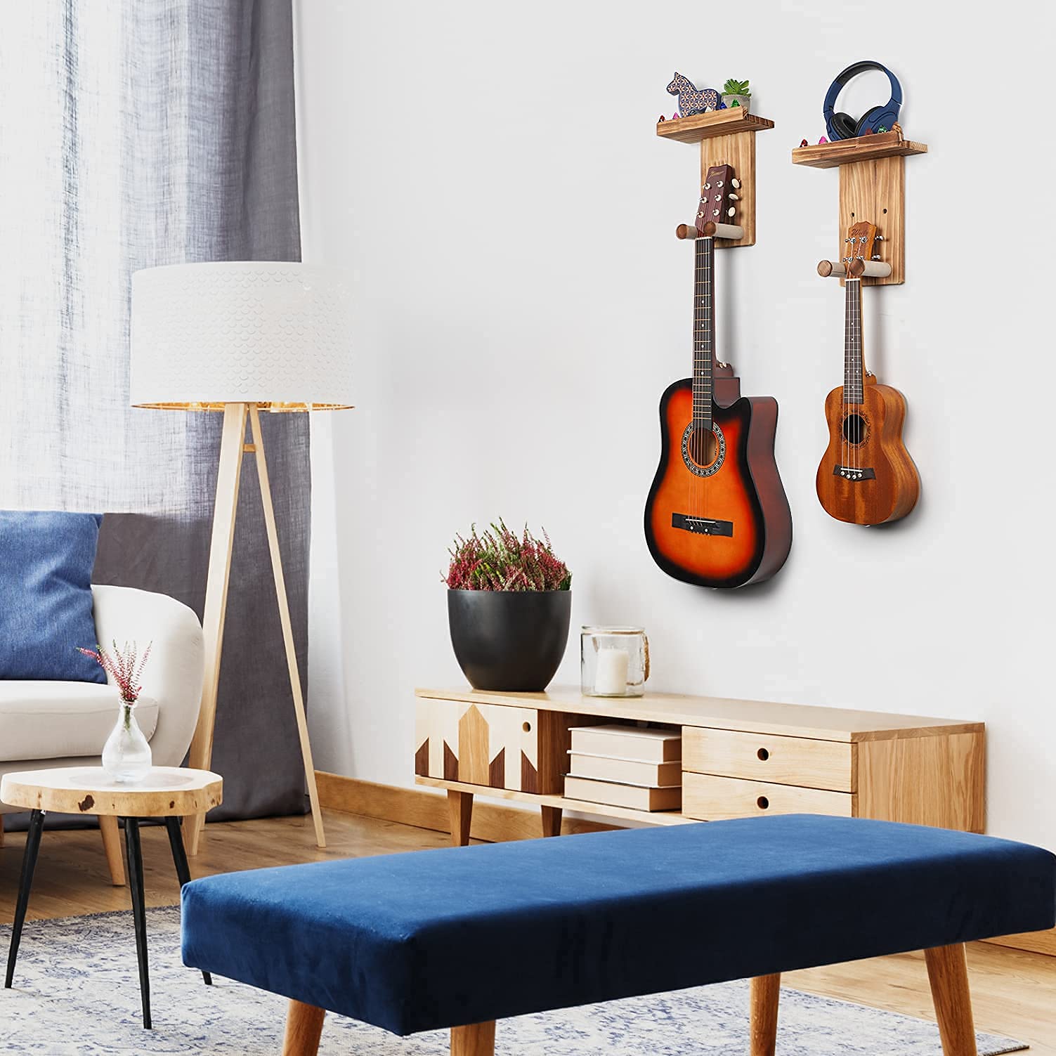 Premium 2-Pack Keebofly Guitar Wall Hangers - Solid Pine Wood Wall Mount Holder with Pick Storage for Acoustic/Electric Guitar, Bass, Ukulele & Mandolin - Space-Saving Instrument Display for Home, Studio & Music Classroom (Brown, Patented Design)