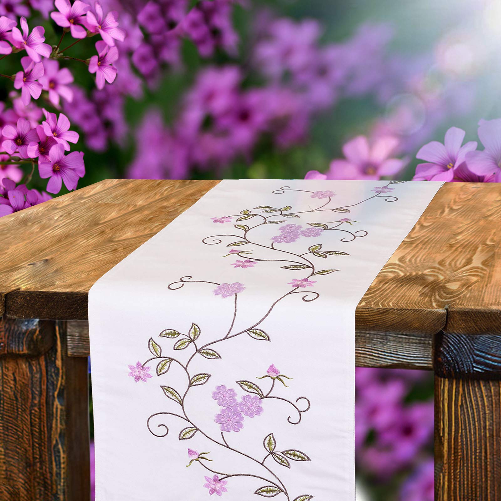 Simhomsen Double Thickness Rustic Embroidered Floral Table Runner - 14×70 Inch Spring Summer Decorative Dresser Scarf (Purple) - Perfect for Dining Tables, Buffets, and Wedding Decorations