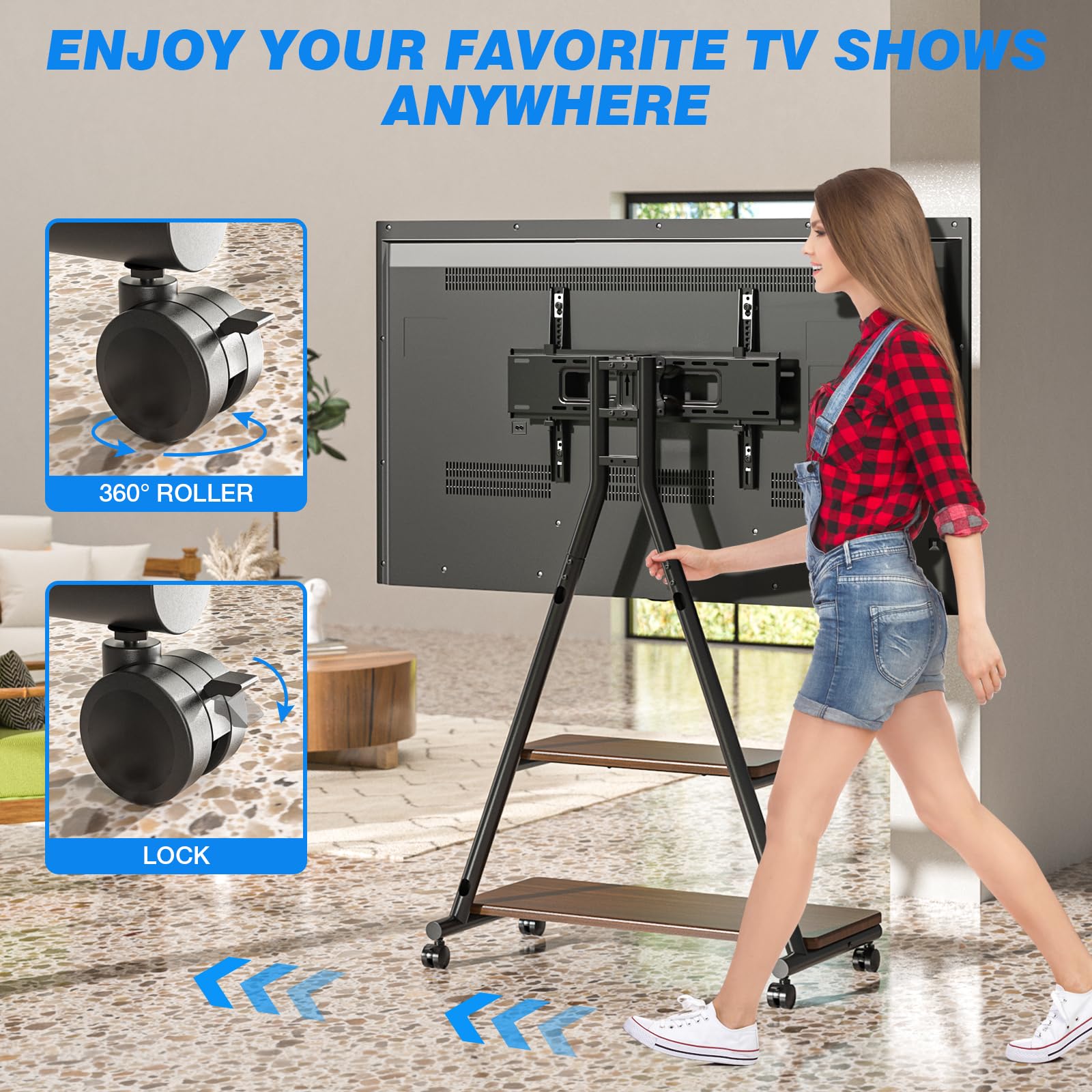 Heavy Duty Rolling TV Stand for 43-80 Inch TVs up to 150lbs - Mobile TV Cart with Wheels, Dual Storage Shelves & Tilt/Swivel Adjustment - Perfect for Living Room, Bedroom, Outdoor & Commercial Use