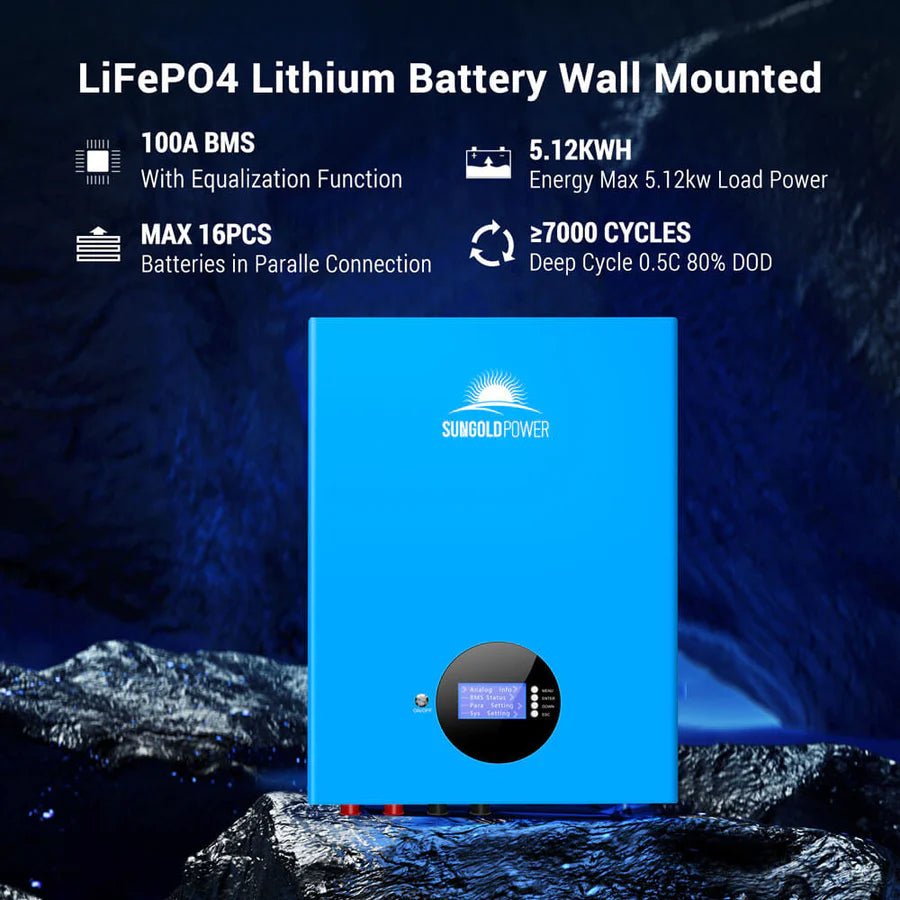 SunGoldPower 5.12kWh LiFePO4 Solar Battery Storage - Home Energy Backup Power Solution for Off-Grid Living & Emergency Power Outages