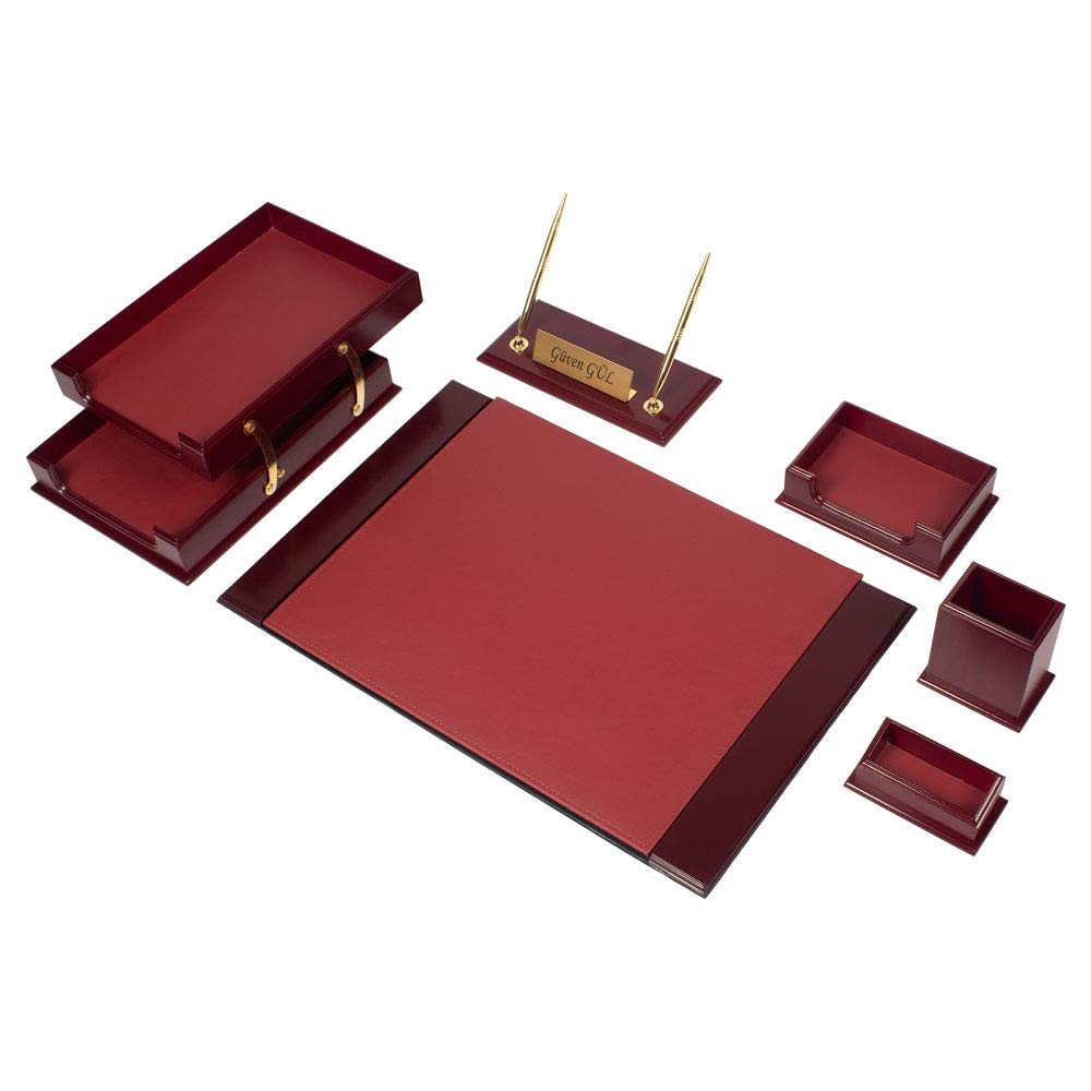 Premium 8-Piece Leather & Wood Desk Set with Double Tray, Desk Organizer & Personalized Desk Mat - Claret Red | Luxury Office Organization for Executives & Home Offices