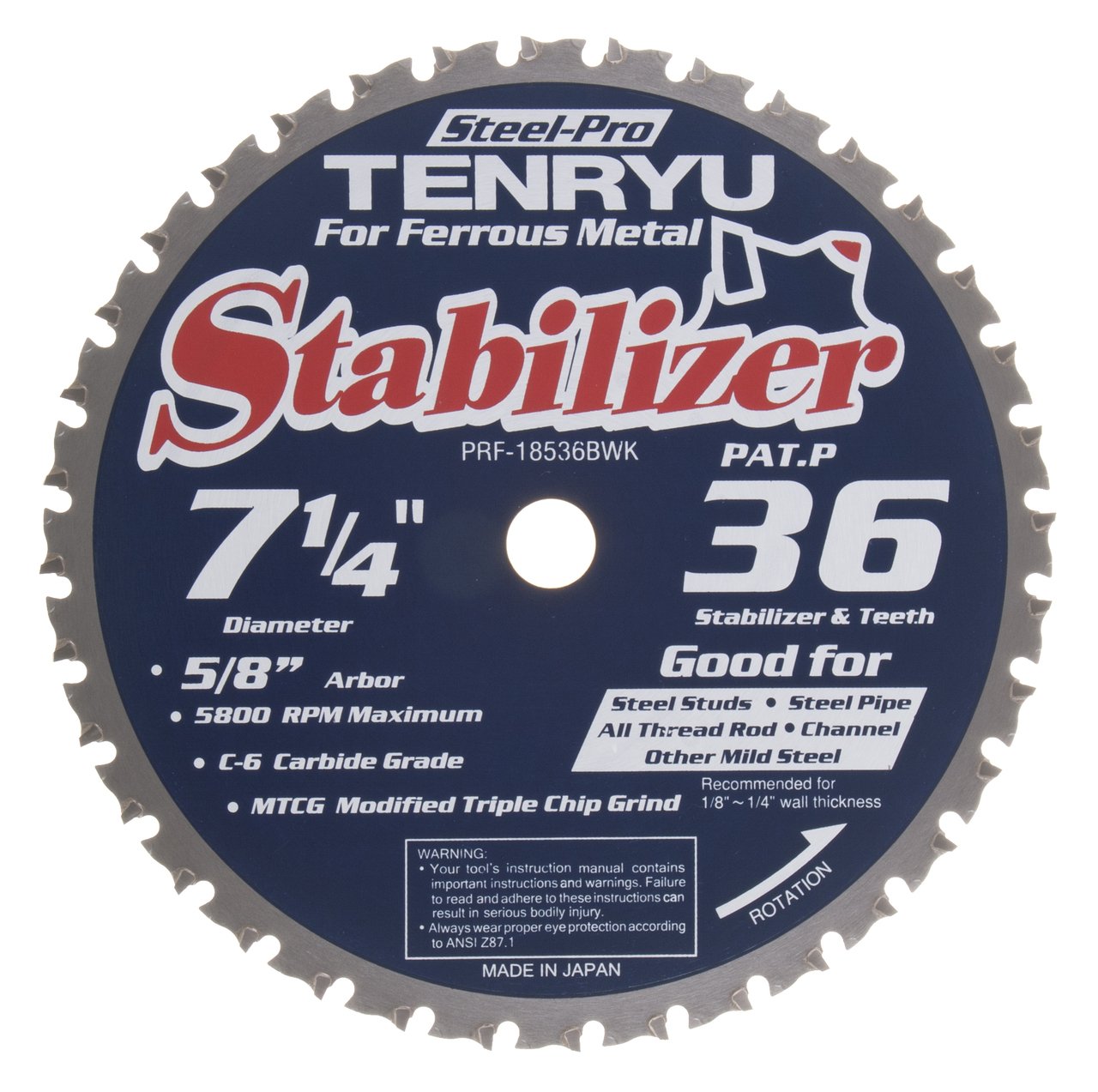 Tenryu PRF-18536BWK 7-1/4 Inch Carbide Tipped Circular Saw Blade - Premium Woodworking & Construction Stabilizer Blade for Smooth Cuts on Hardwood, Plywood & MDF - Perfect for Table Saws, Miter Saws & DIY Projects