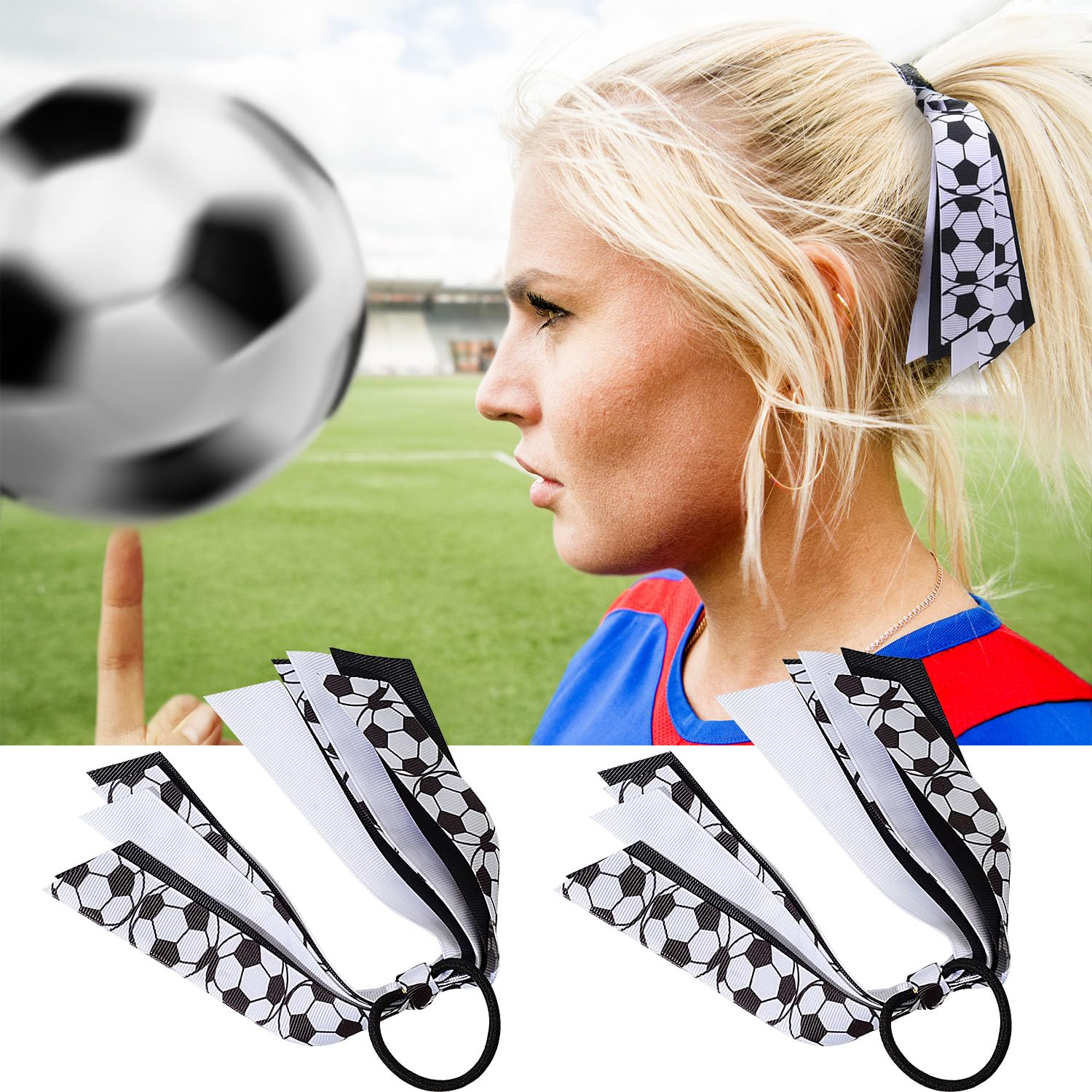 2 Pack Soccer Hair Ties for Girls & Women - Elastic Ponytail Holders with Ribbon - Cheer Team Hair Accessories for Soccer Games, Parties & Sports Events