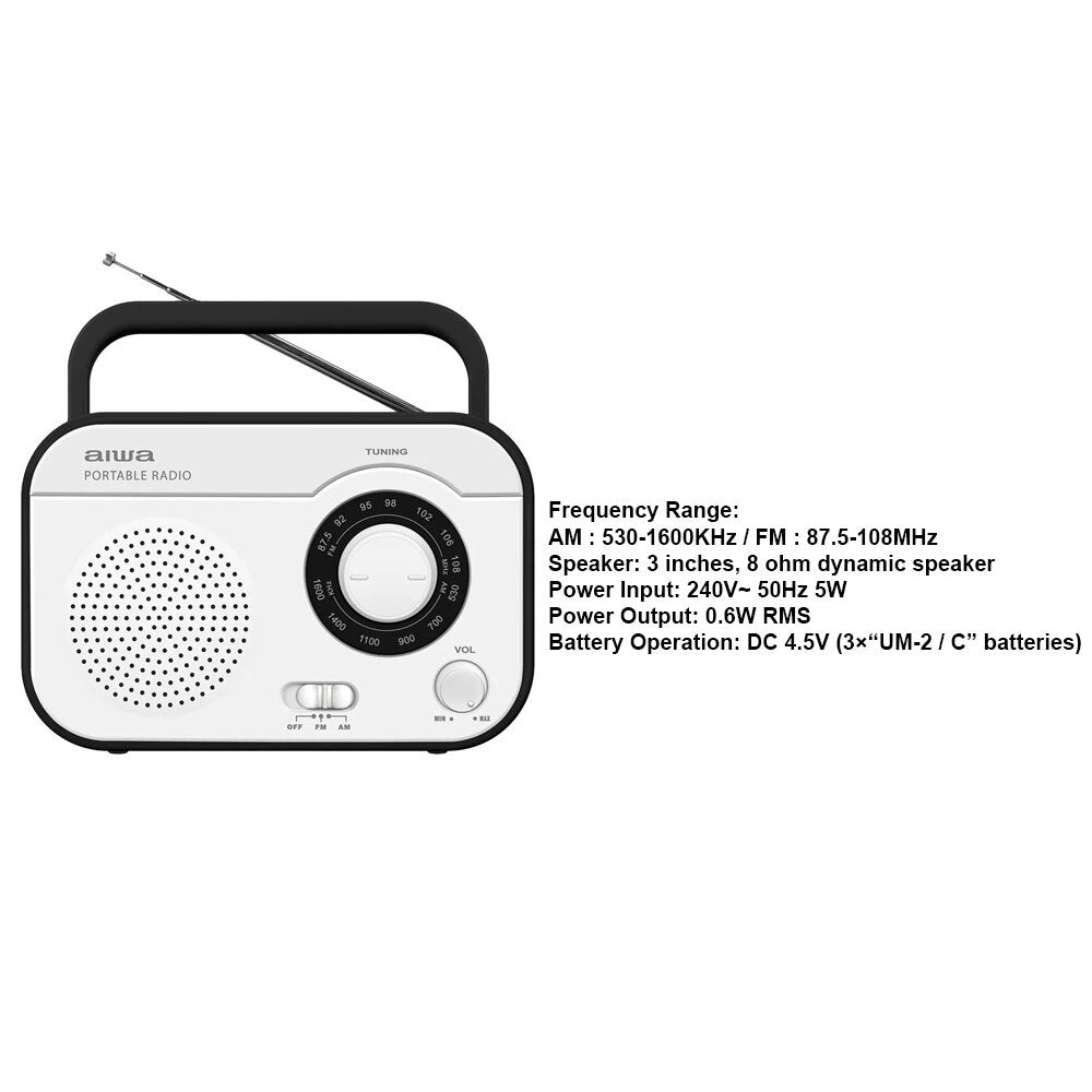 Aiwa Portable Retro AM/FM Manual Tuning Battery Operated Radio - Vintage White Design for Home, Office, Camping & Emergency Use