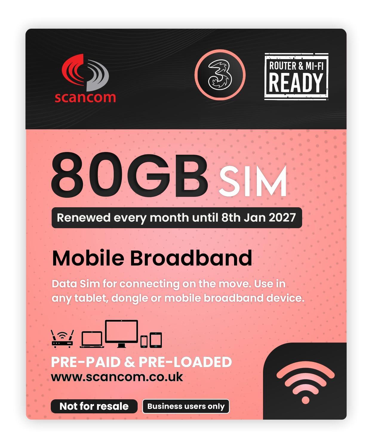 Scancom 80GB 5G Business Data SIM Card - Monthly Renewal until Jan 2027 - High-Speed Internet for WiFi Routers, Tablets & Smartphones - Ideal for Remote Work, Travel & Mobile Hotspots
