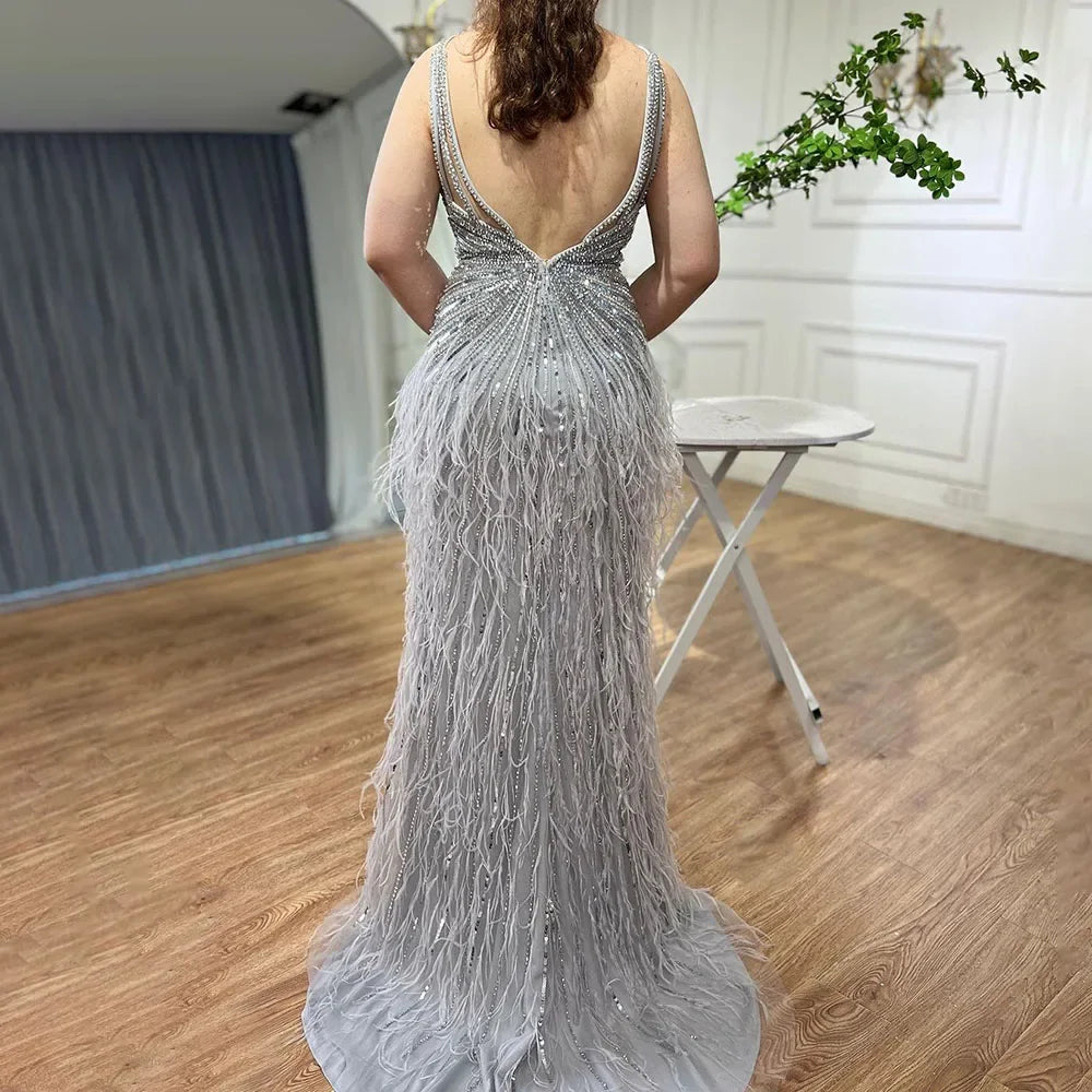 Elegant Arabic Black Feather Beaded Mermaid Evening Gown with High Slit - LA70623 | Formal Dress for Prom, Gala & Special Occasions