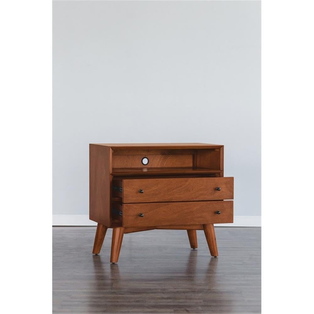 Alpine Furniture Flynn Nightstand in Acorn Finish - 28 x 15 x 26 Inches - Modern Bedside Table for Bedroom, Guest Room & Nursery - Compact Nightstand with Storage Shelf