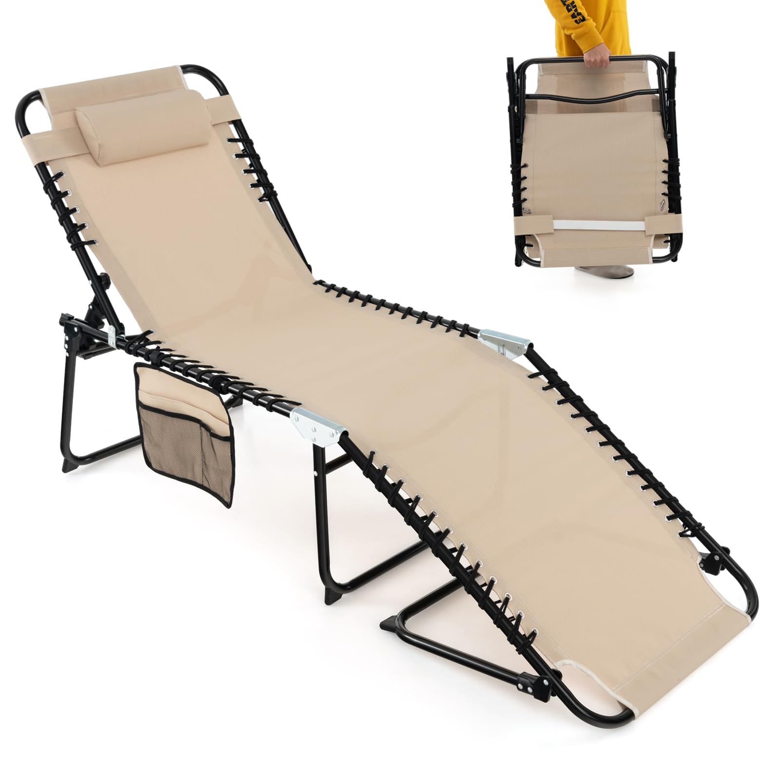 Giantex Folding Patio Lounge Chair with Headrest - 4 Adjustable Positions & Side Pocket, Outdoor Chaise Lounge for Camping, Pool, Beach, Sunbathing - Perfect for Backyard, Deck, and Vacation Relaxation (Beige)