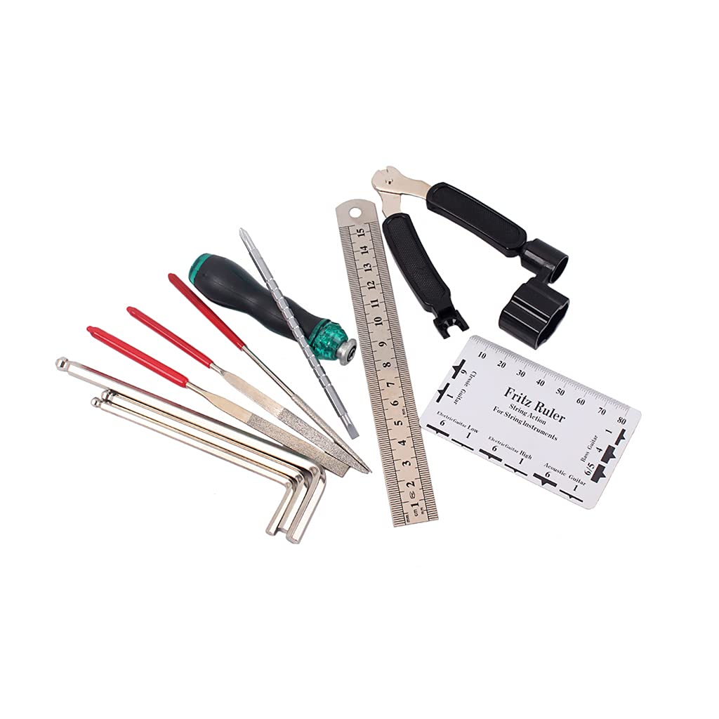 Electric Guitar Repair & Maintenance Tool Kit - String Organizer, Action Ruler, Gauge, Hex Wrench Set & File for Guitar, Ukulele, Bass, Mandolin, Banjo | Professional Instrument Care & Setup Tools for Musicians