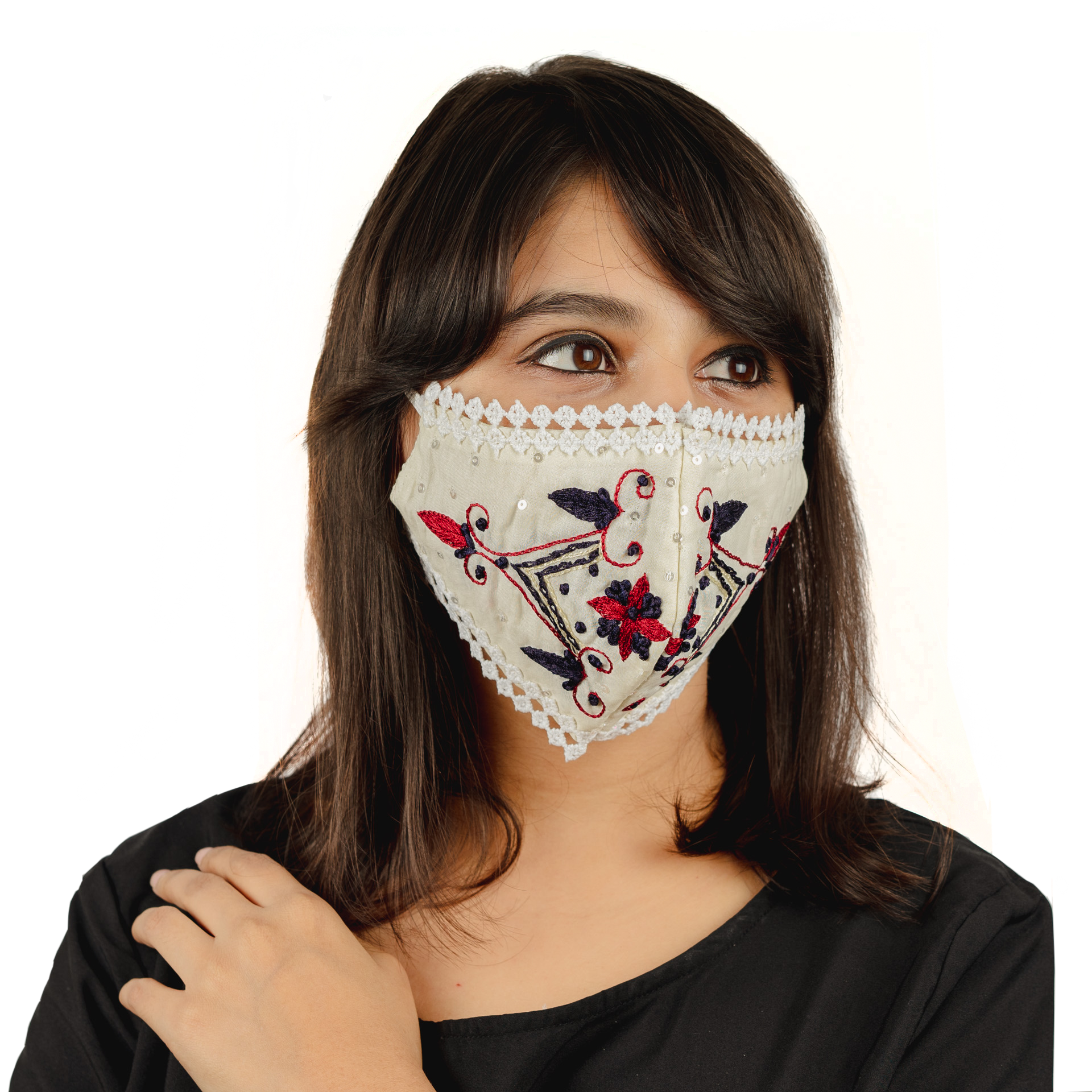 Floral Embroidered Cream Cotton Face Mask - Soft, Breathable & Reusable for Women & Men - Perfect for Daily Use, Travel & Outdoor Activities