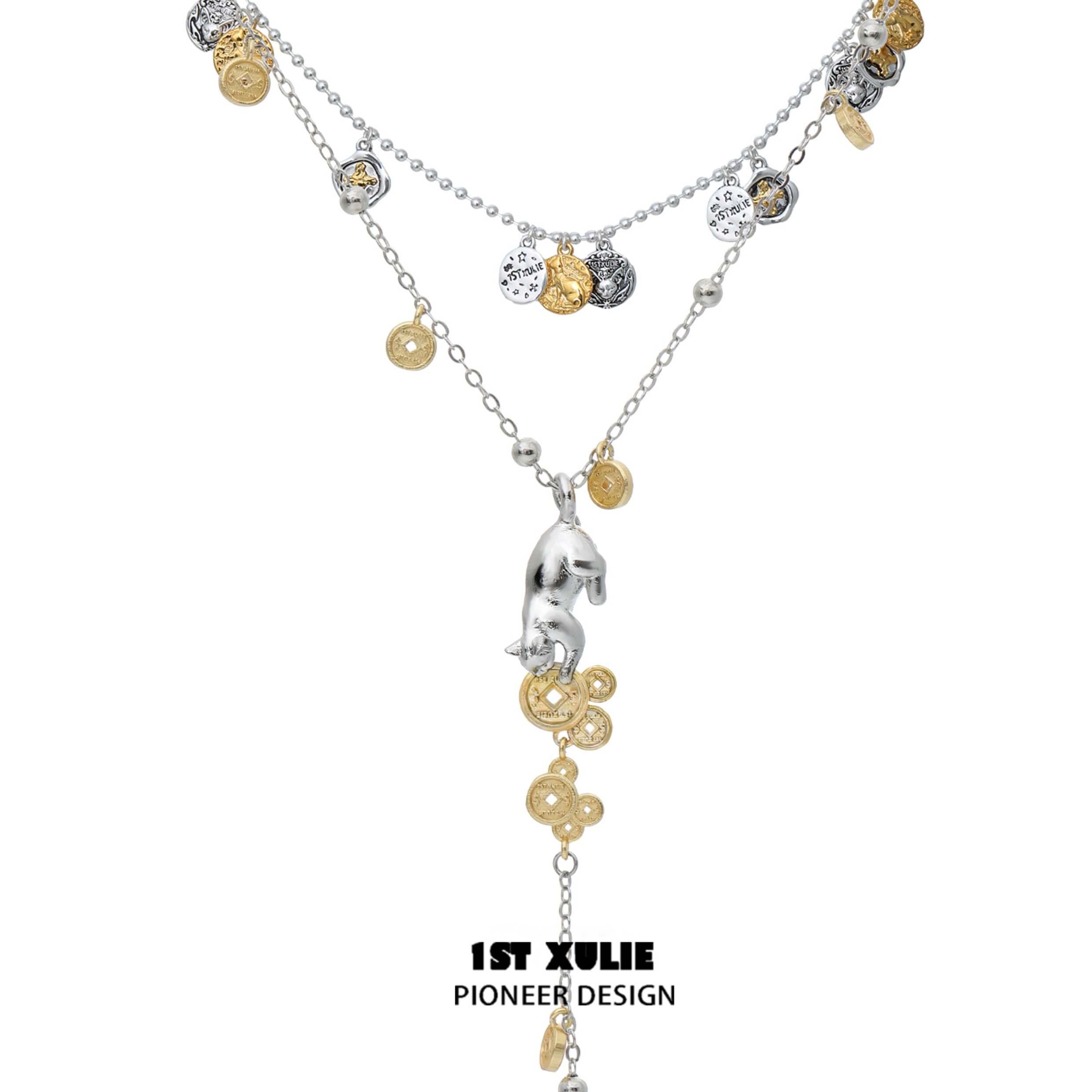 18K Platinum Plated Lucky Cat Double Layer Pendant Necklace for Women - Elegant Japanese Maneki Neko Charm Jewelry Gift for Good Luck & Fortune (Perfect for Birthday, Anniversary and Special Occasions)