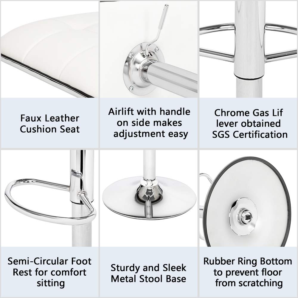 Modern PU Leather Swivel Adjustable Hydraulic Bar Stools Set of 2 - Square Board Curved Foot Design in Cotton Linen Fabric (White) for Kitchen Island, Home Bar & Dining Counter