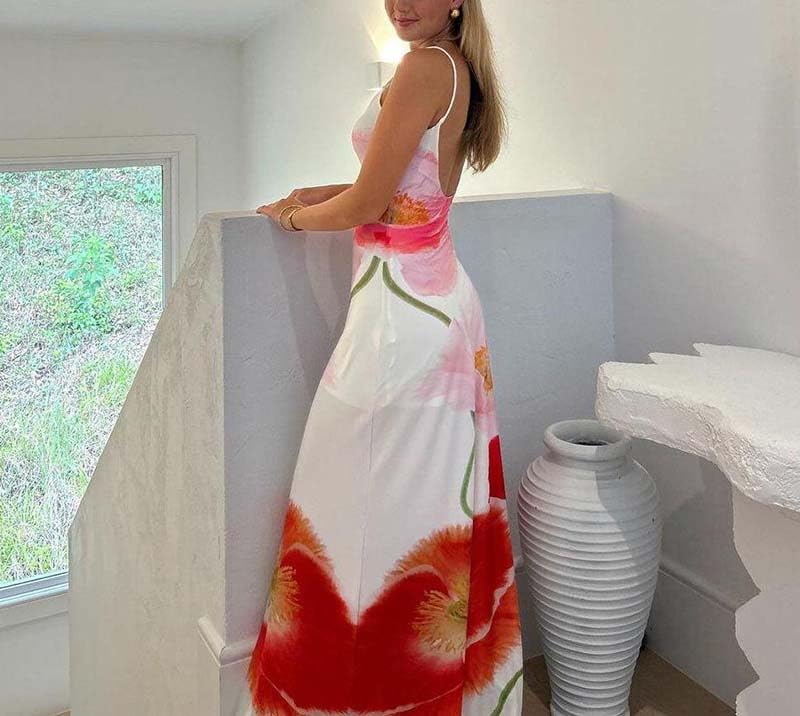 Women's Floral Maxi Dress - Square Neck Backless Long Summer Dress with Spaghetti Straps | Bodycon Slip Dress for Beach, Vacation & Evening Wear