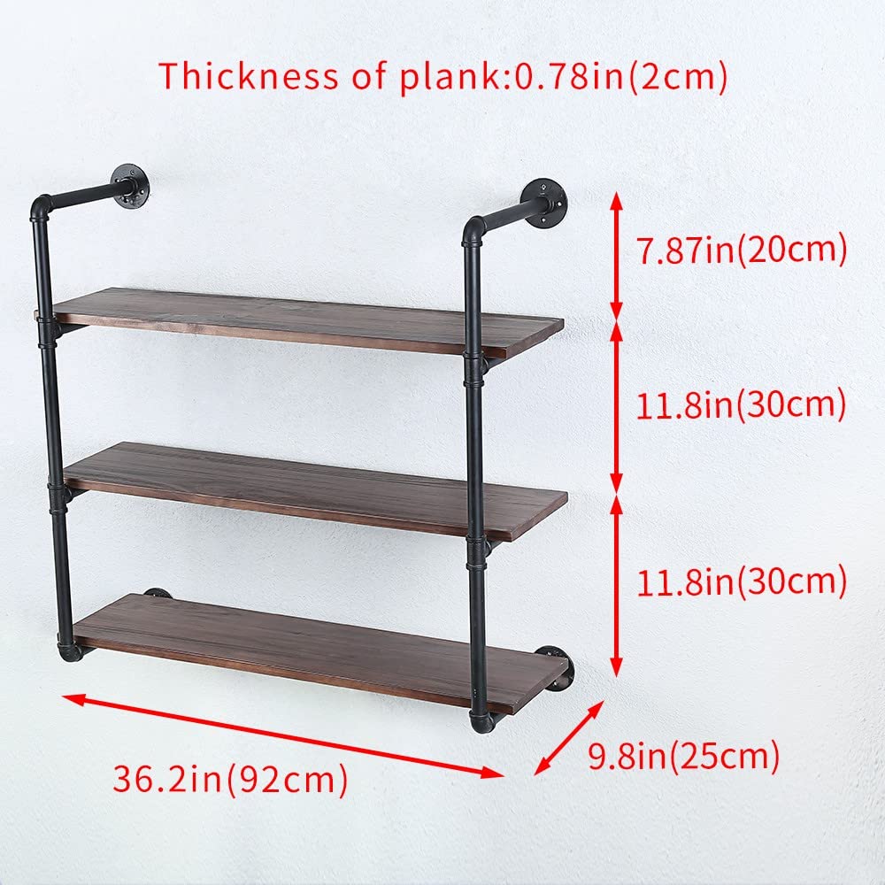Industrial Pipe Shelving Wall Mounted - 36 Inch Rustic Metal Floating Shelves with Real Wood, Steampunk Style Bookcase, 3-Tier Farmhouse Kitchen Bar Shelving Unit for Home, Office & Retail Display