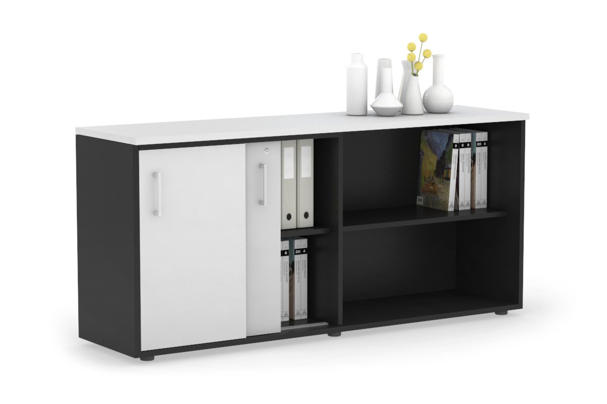 Modern 2-Door Sliding Credenza with Open Storage - Stylish TV Stand, Entryway Cabinet & Living Room Organizer for Home & Office