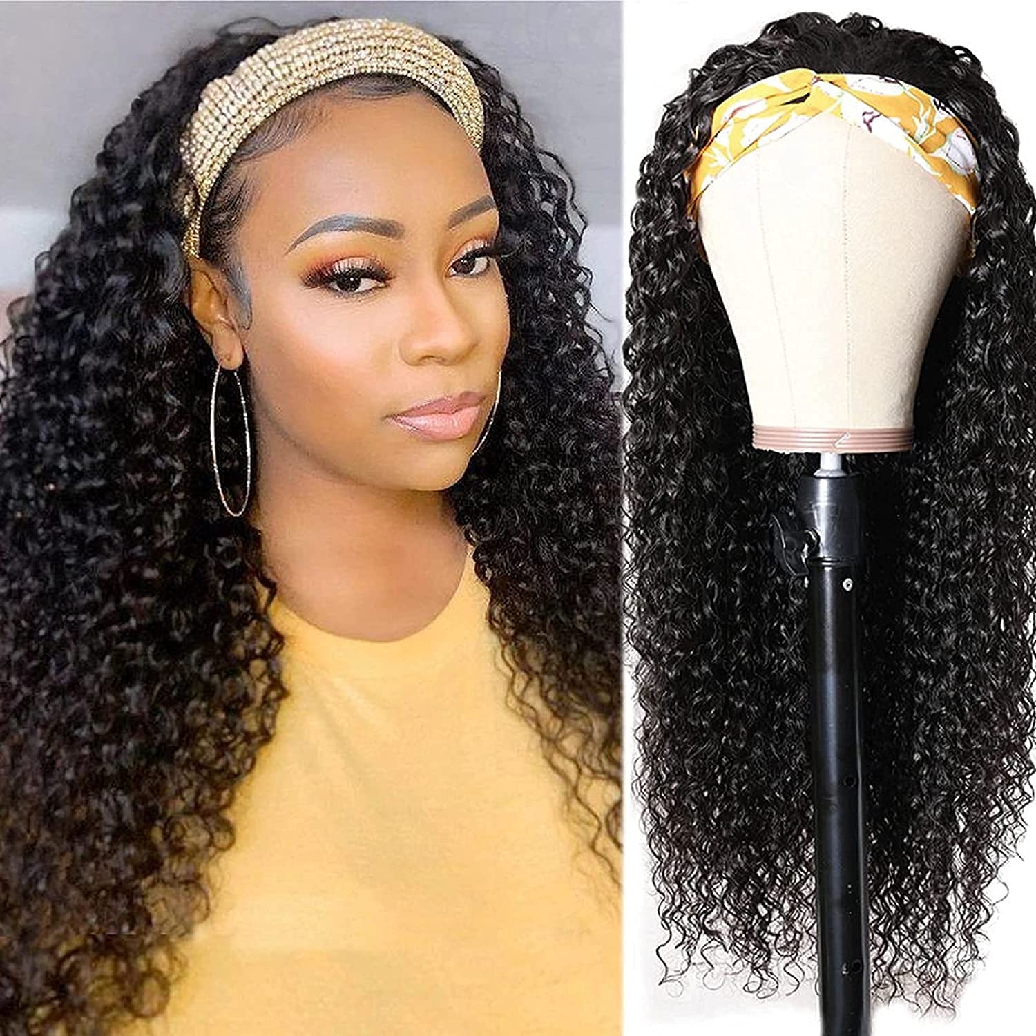 180% Density Brazilian Virgin Human Hair Deep Wave Headband Wig for Black Women - Glueless Machine Made None Lace Front Wig with Deep Curly Headband (28 Inch) | Perfect for Daily Wear, Parties & Special Occasions