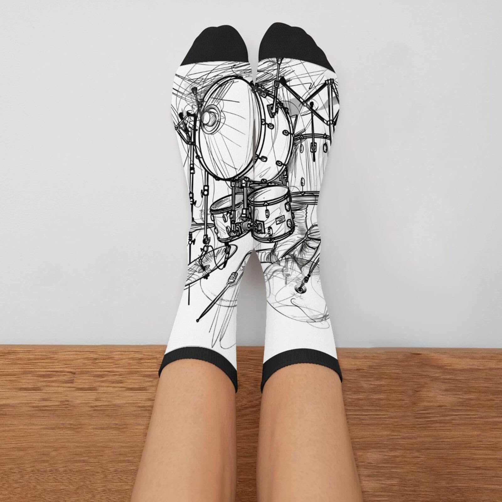 Funny Graffiti Sketch Drummer Music Novelty Crew Socks - Unisex Crazy Dress Socks for Men & Women (Black & White) - Perfect Gift for Musicians, Artists & Sock Lovers