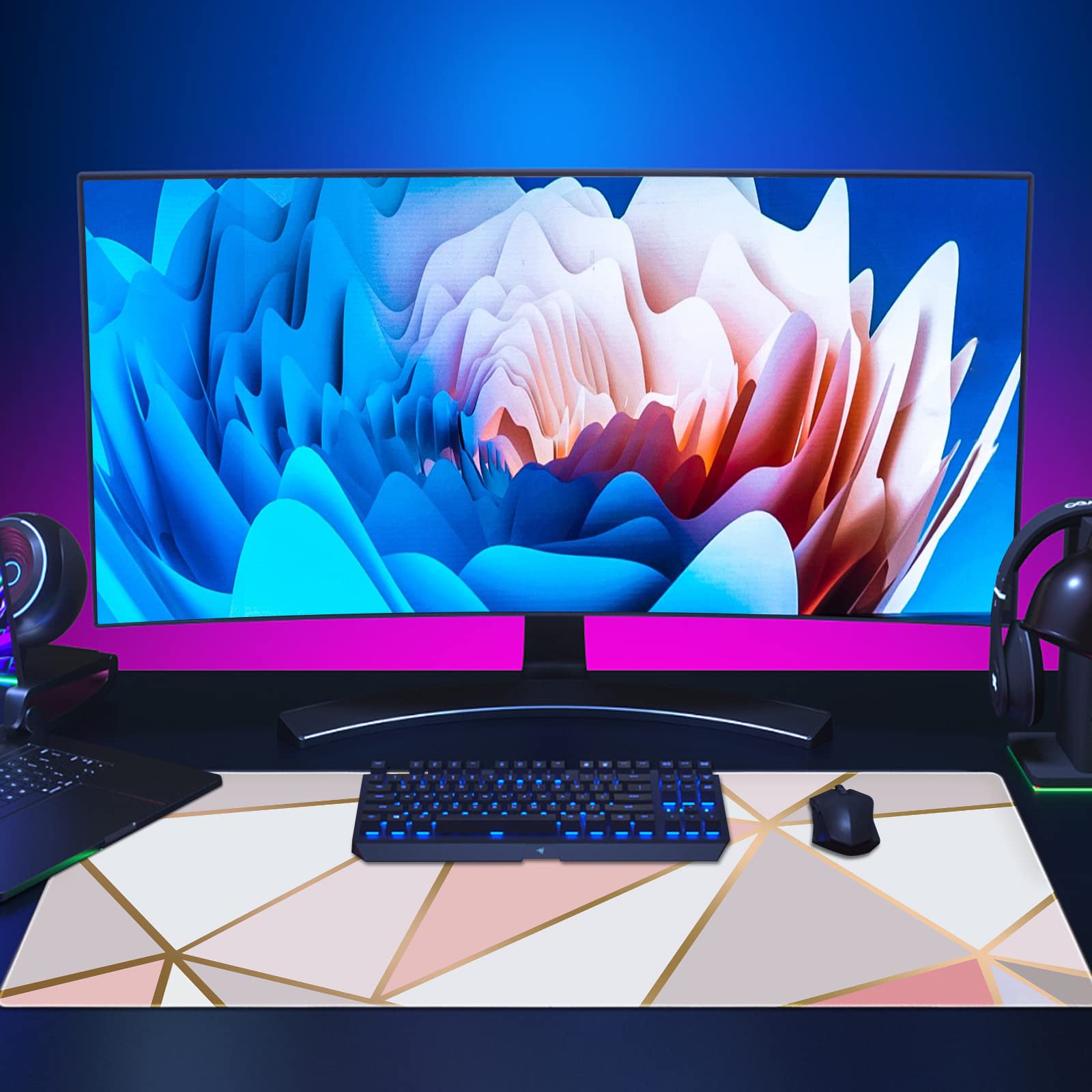 XXL Gaming Mouse Pad with Stitched Edges - Marble Design Extended Mouse Mat with Anti-Slip Rubber Base, Ergonomic Computer Mouse Pad (Rose Gold, X-Large) - Perfect for PC Gaming, Office Work & Home Desk Setup